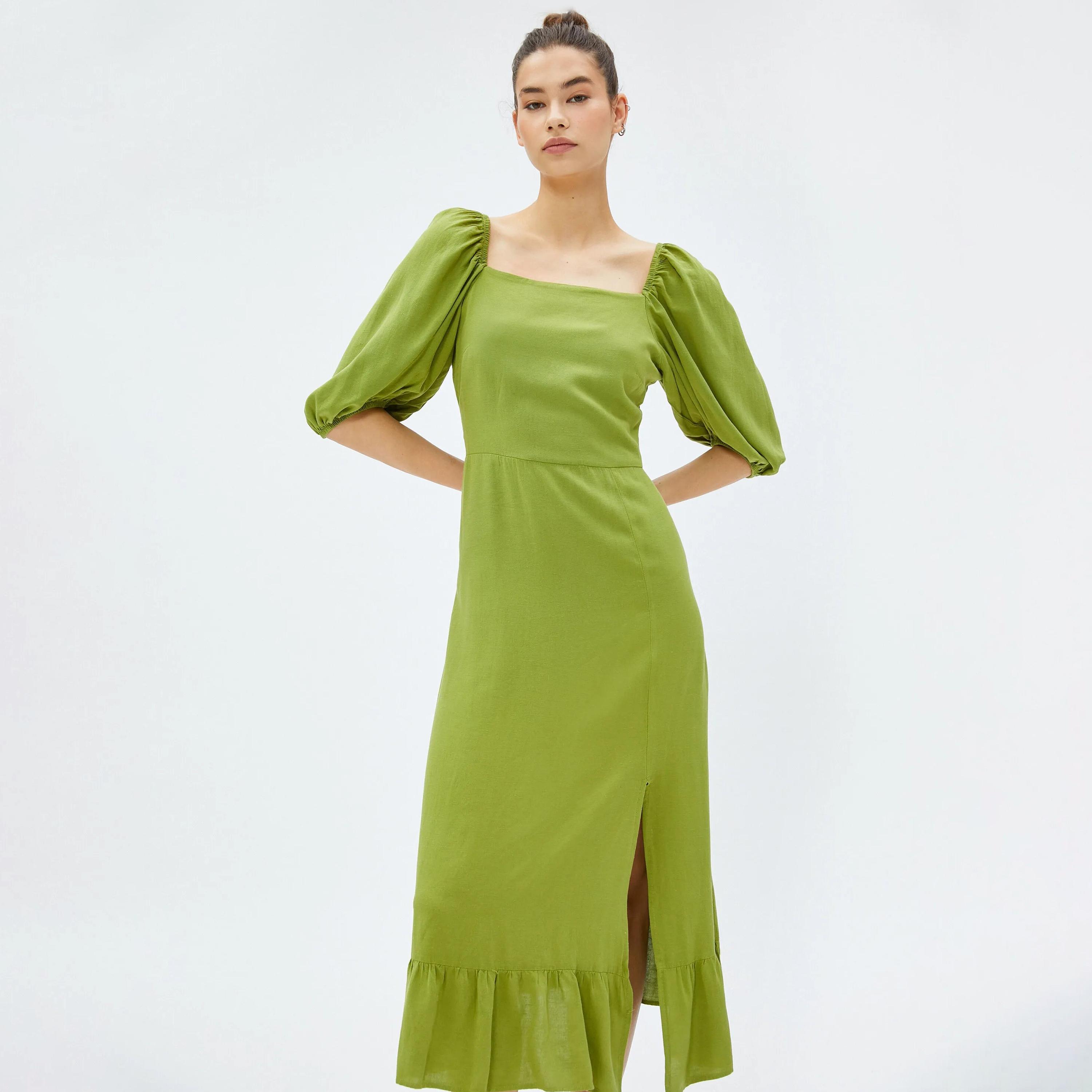 KOTON Green Plain Square Neck Puff Sleeves Slit Women's Midi Dress-women-clothing-dresses-image-5