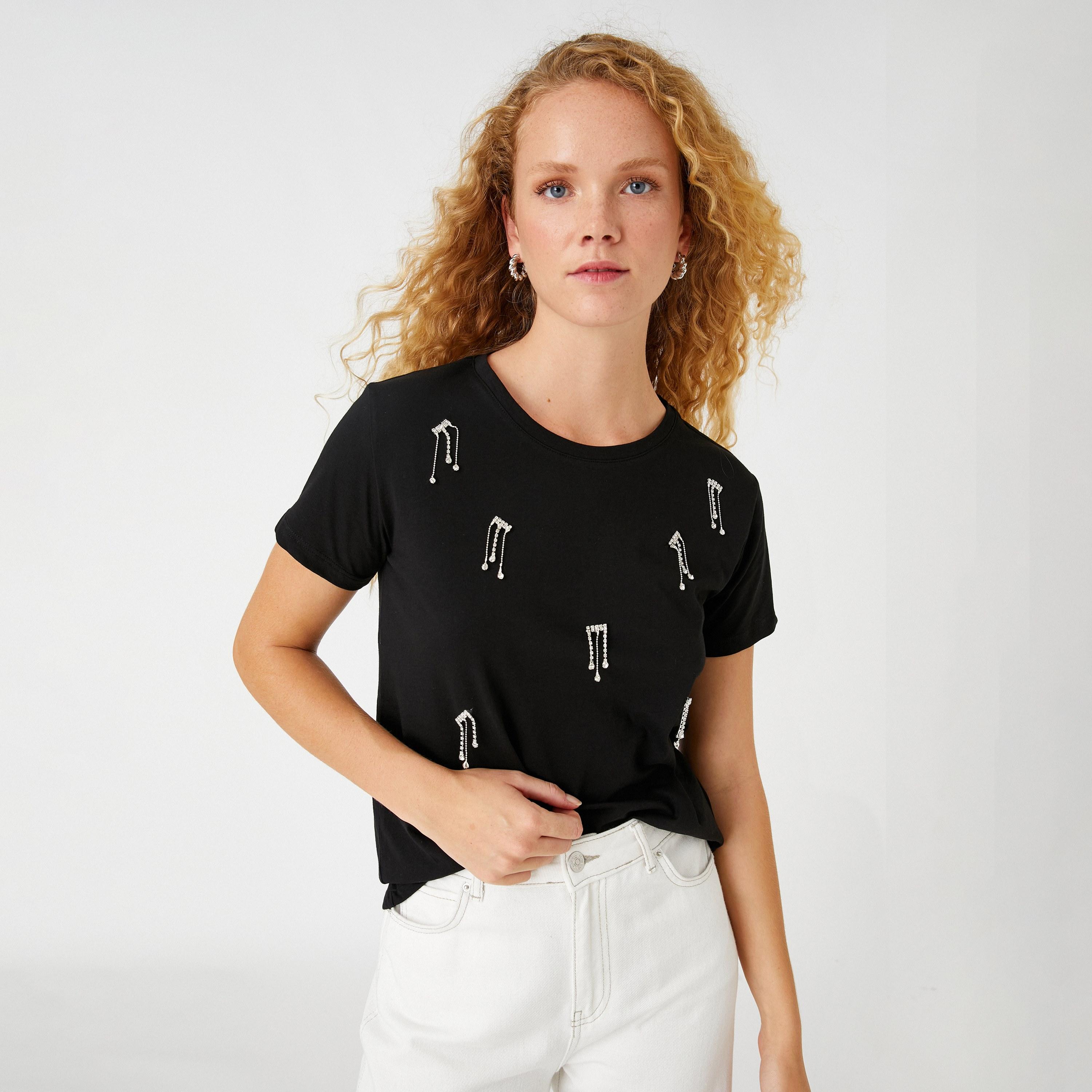 KOTON Black Embellished Women's T-Shirt-women-clothing-tshirts-image-1