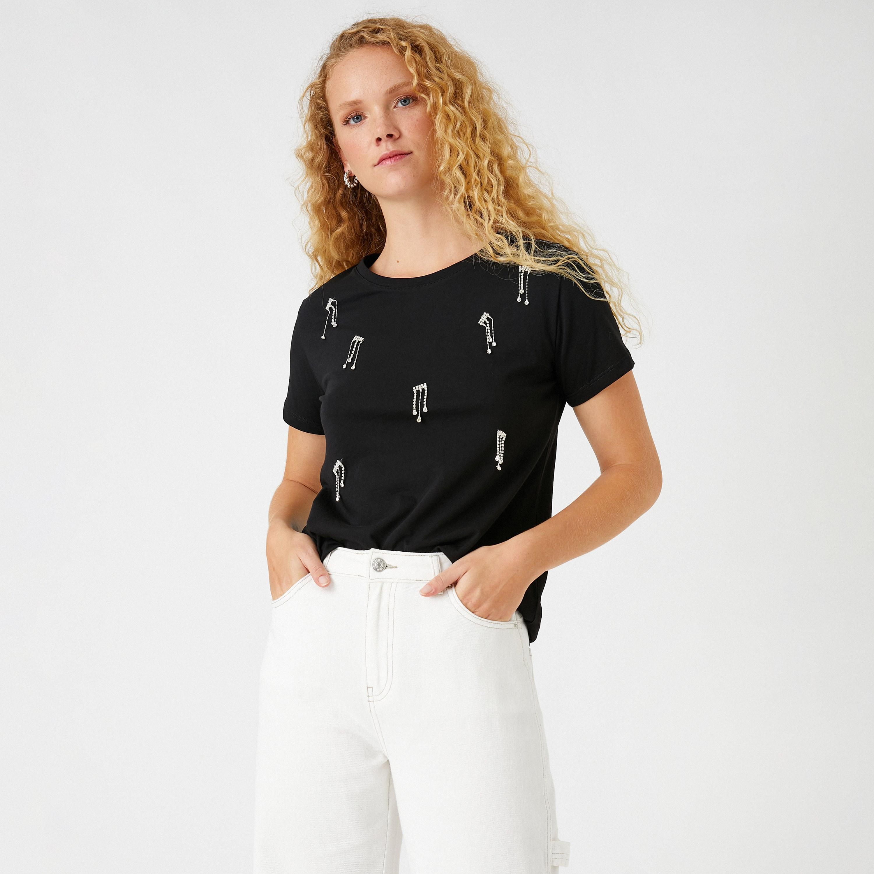 KOTON Black Embellished Women's T-Shirt-women-clothing-tshirts-image-2