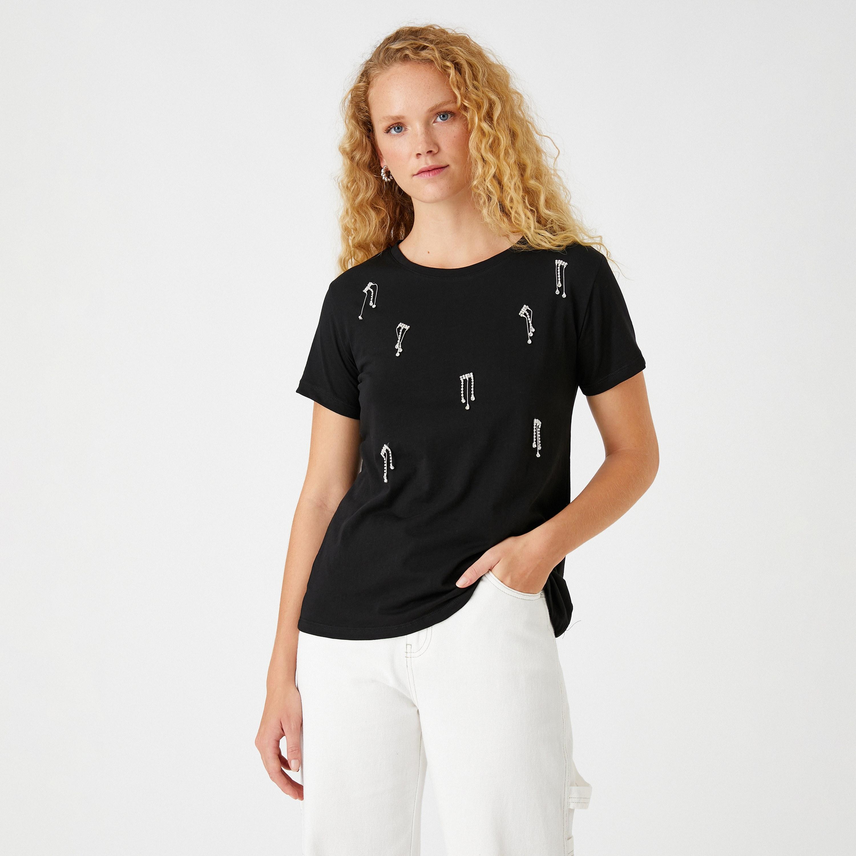 KOTON Black Embellished Women's T-Shirt-women-clothing-tshirts-image-5