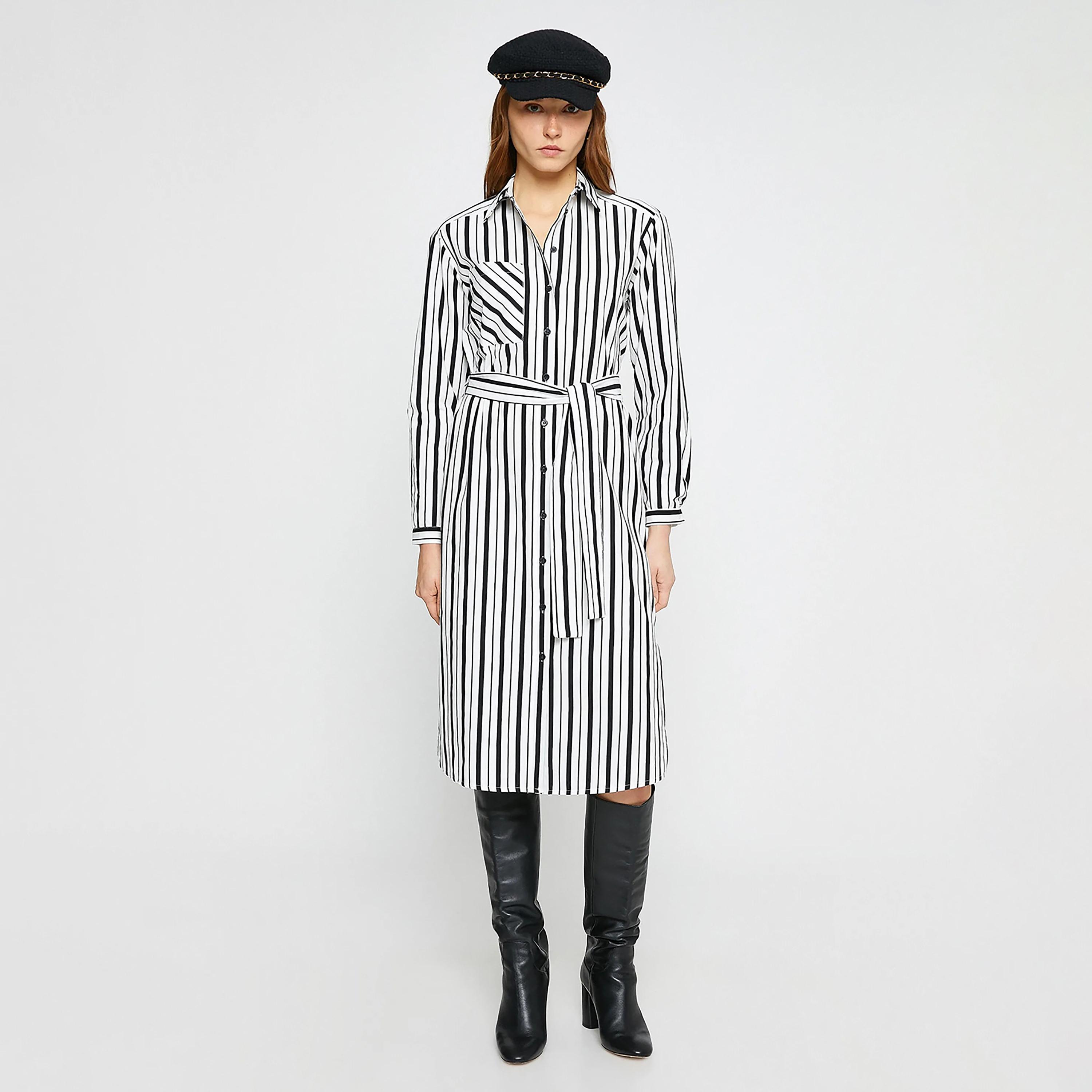KOTON White Striped Cotton Collared Cuffed Sleeves Women's Midi Shirt Dress-women-clothing-dresses-image-1