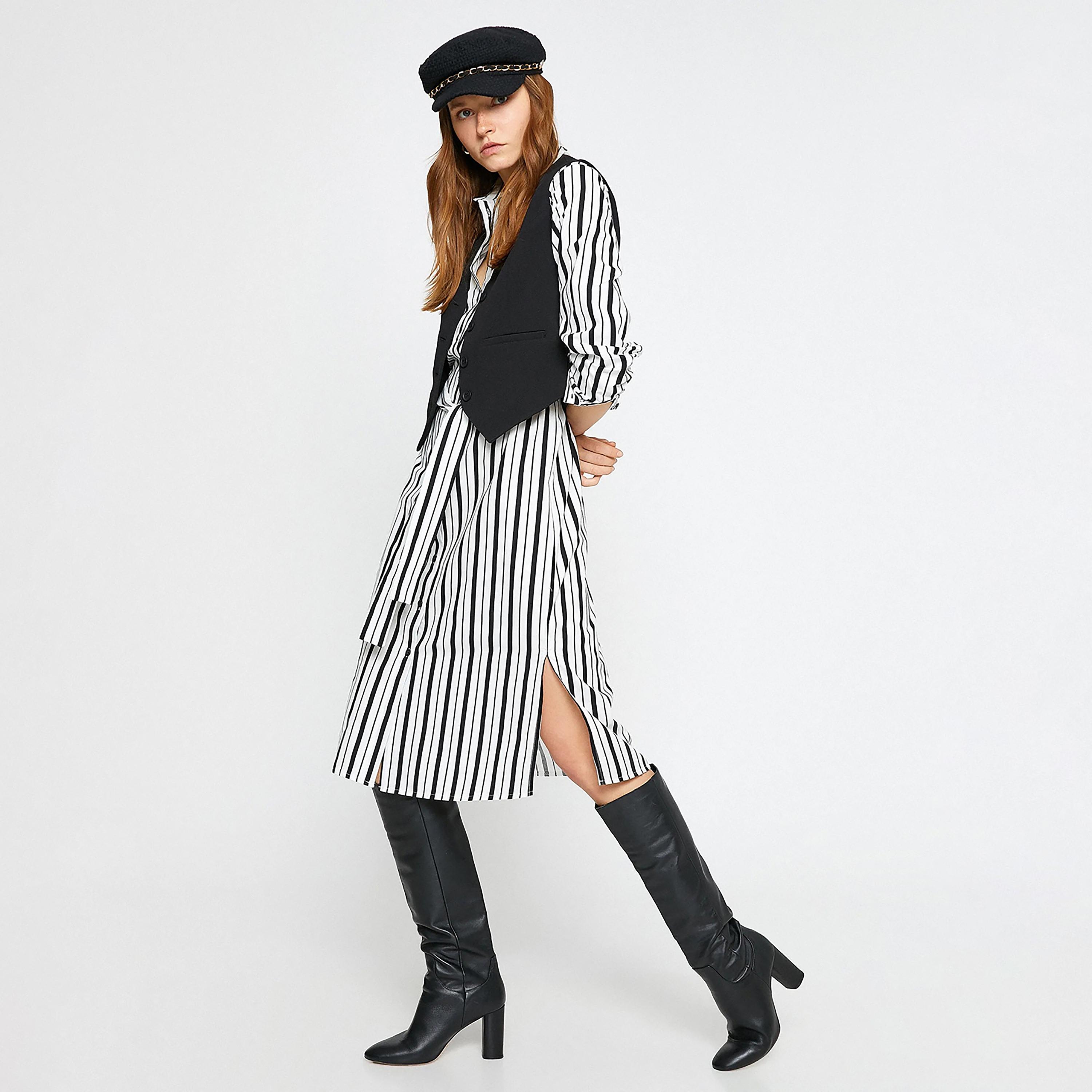 KOTON White Striped Cotton Collared Cuffed Sleeves Women's Midi Shirt Dress-women-clothing-dresses-image-2