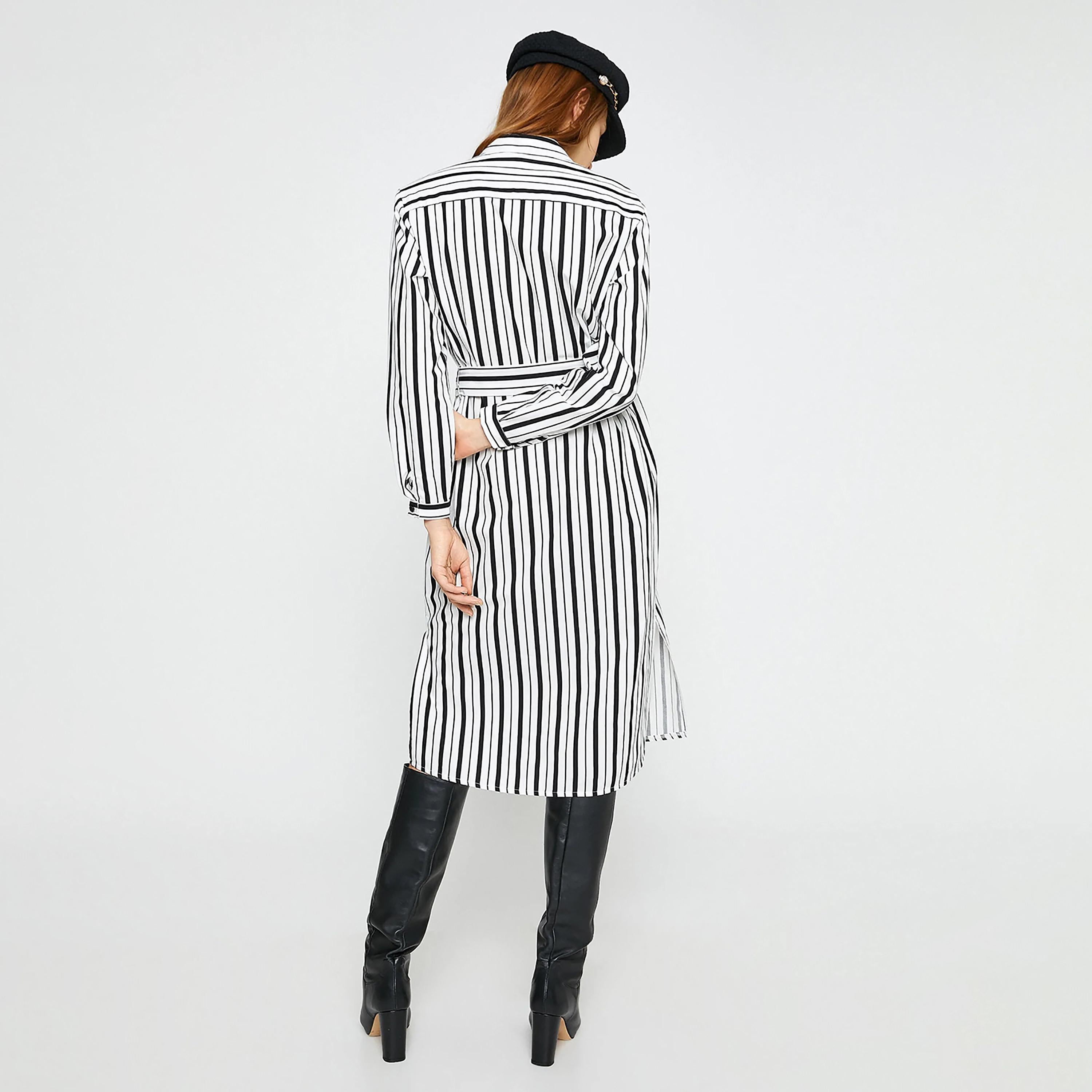 KOTON White Striped Cotton Collared Cuffed Sleeves Women's Midi Shirt Dress-women-clothing-dresses-image-3