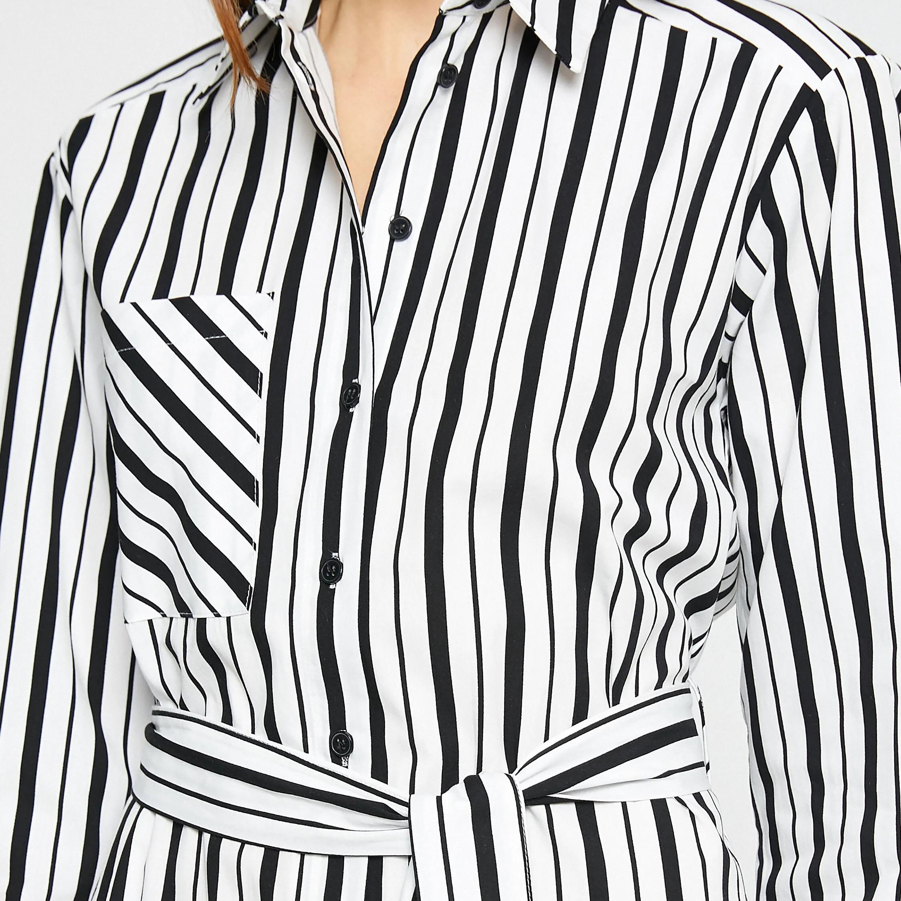 KOTON White Striped Cotton Collared Cuffed Sleeves Women's Midi Shirt Dress-women-clothing-dresses-image-4