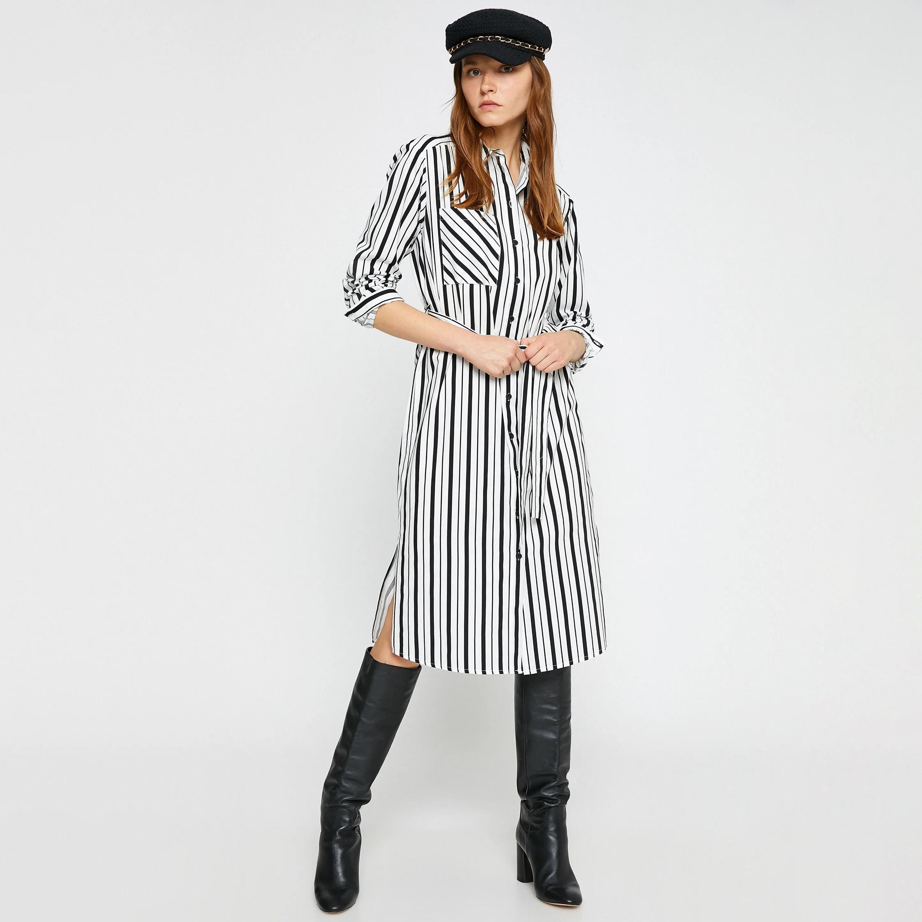 KOTON White Striped Cotton Collared Cuffed Sleeves Women's Midi Shirt Dress-women-clothing-dresses-image-5