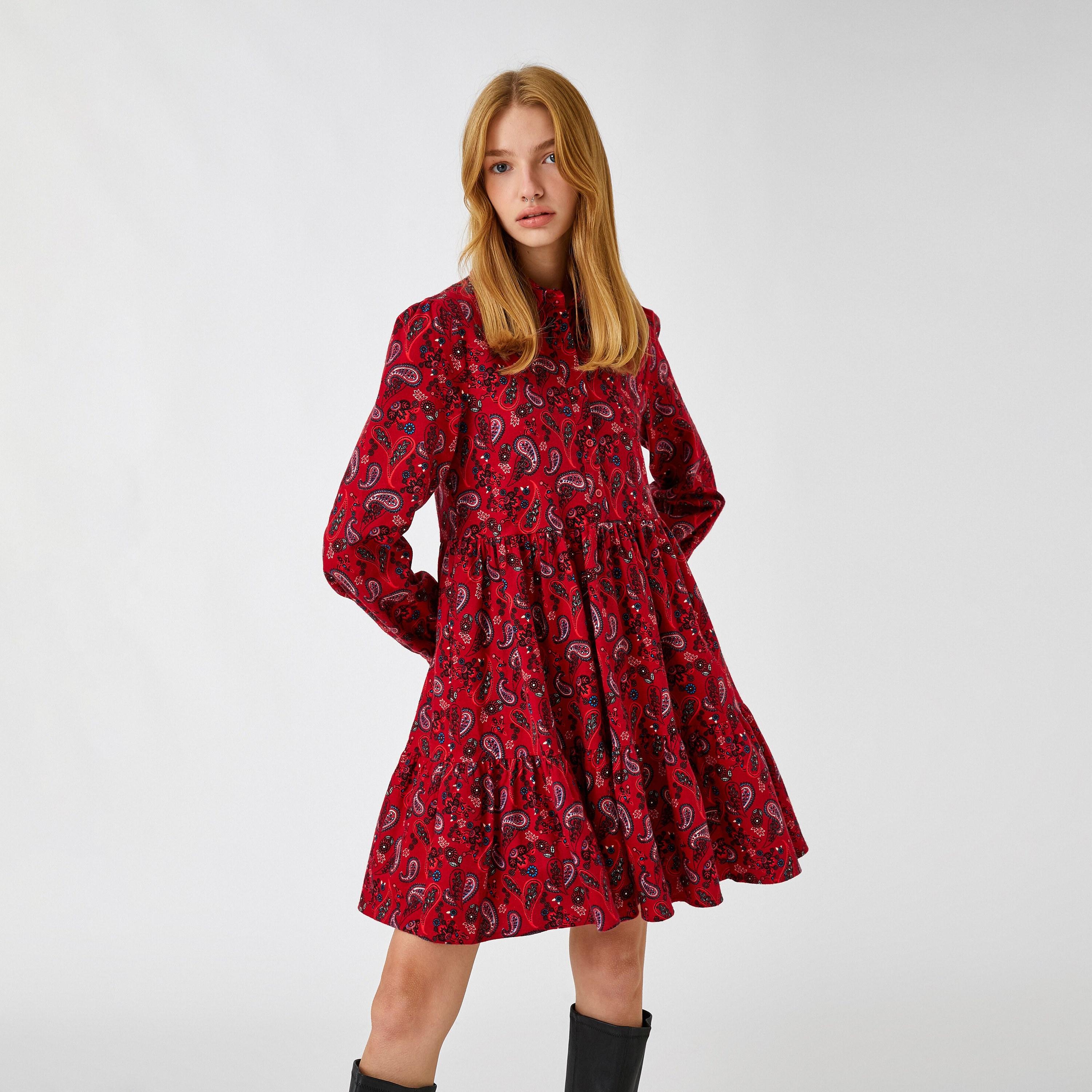 KOTON Red Paisley Cotton Spread Collar Tiered Women's Mini Dress-women-clothing-dresses-image-1