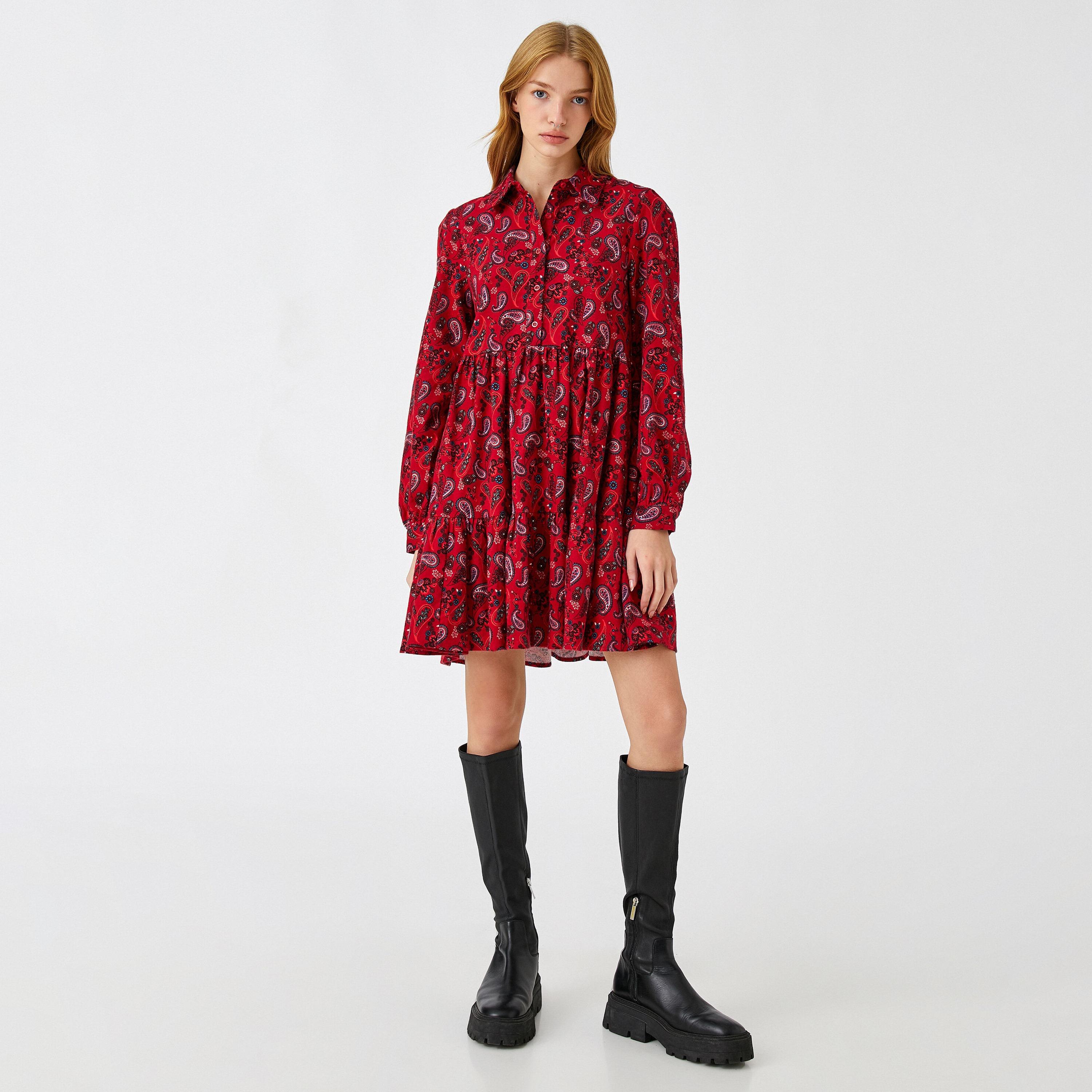 KOTON Red Paisley Cotton Spread Collar Tiered Women's Mini Dress-women-clothing-dresses-image-2