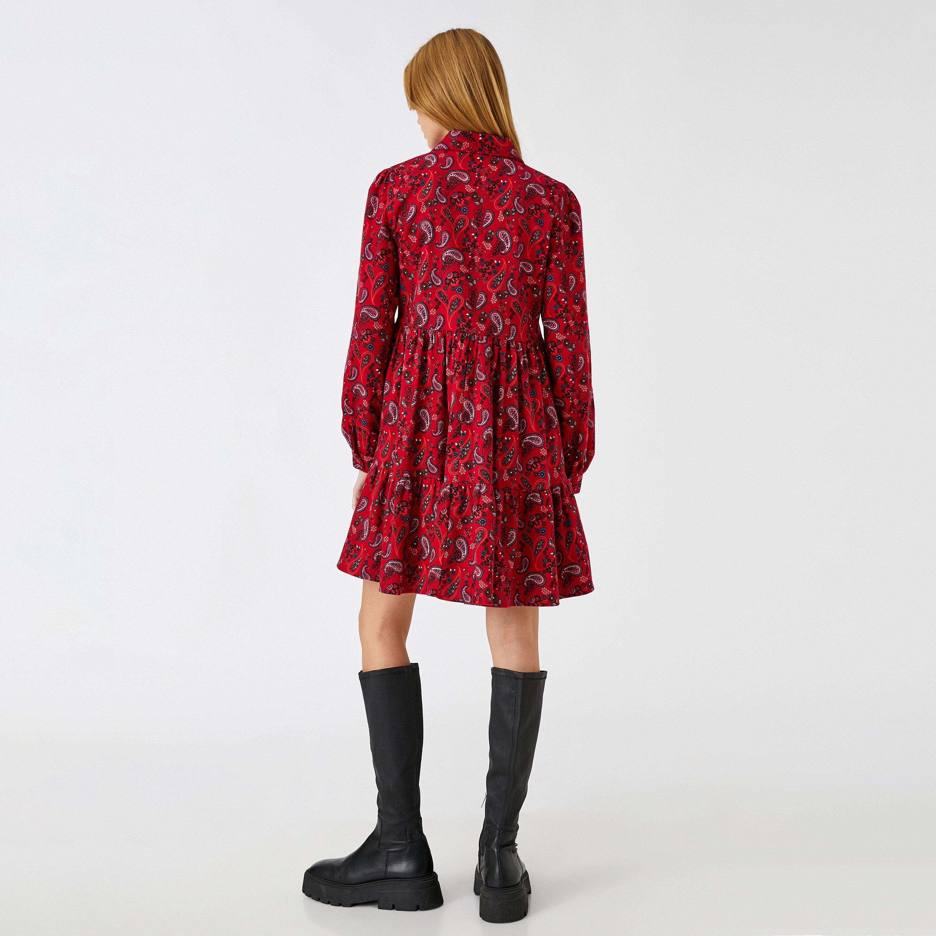 KOTON Red Paisley Cotton Spread Collar Tiered Women's Mini Dress-women-clothing-dresses-image-3