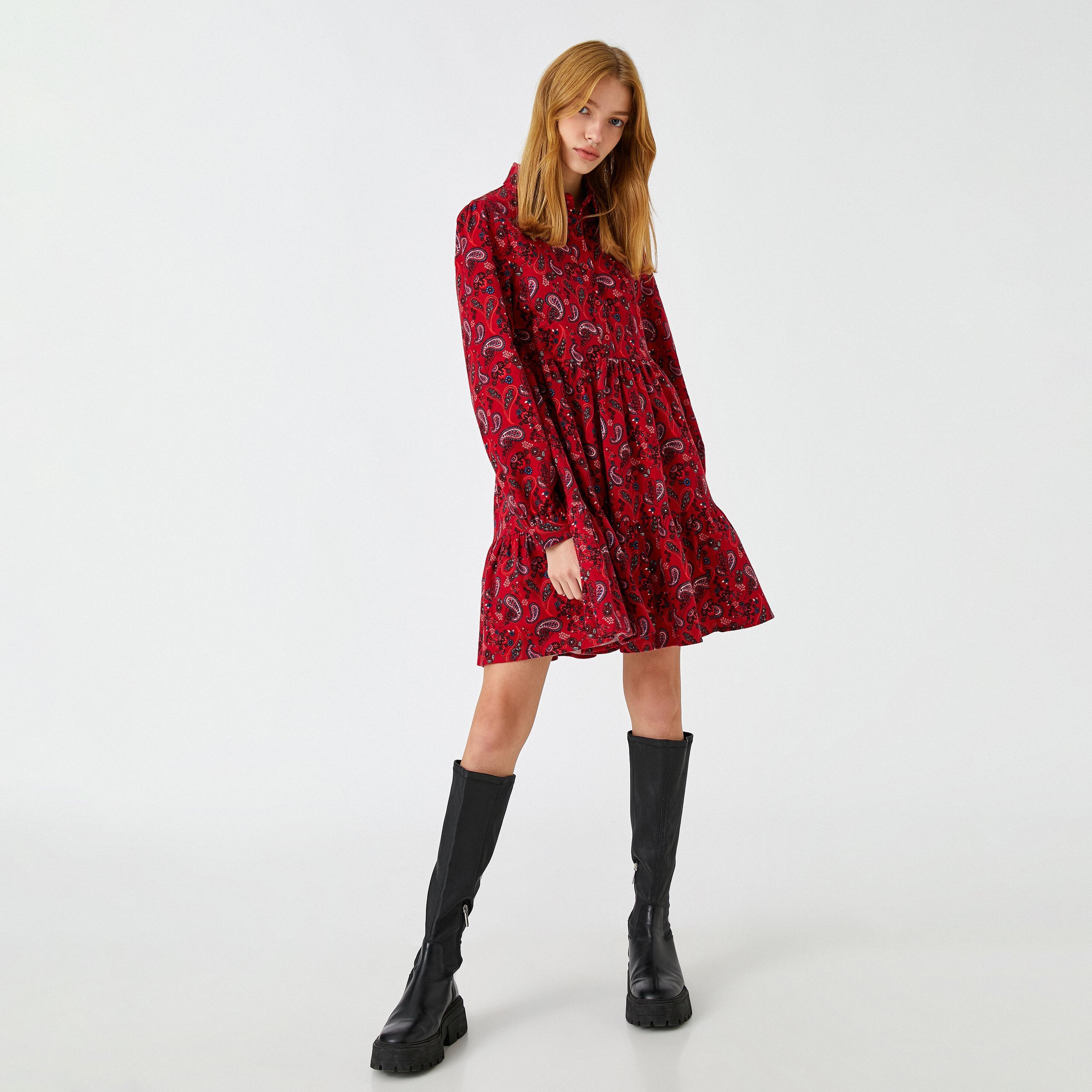 KOTON Red Paisley Cotton Spread Collar Tiered Women's Mini Dress-women-clothing-dresses-image-4