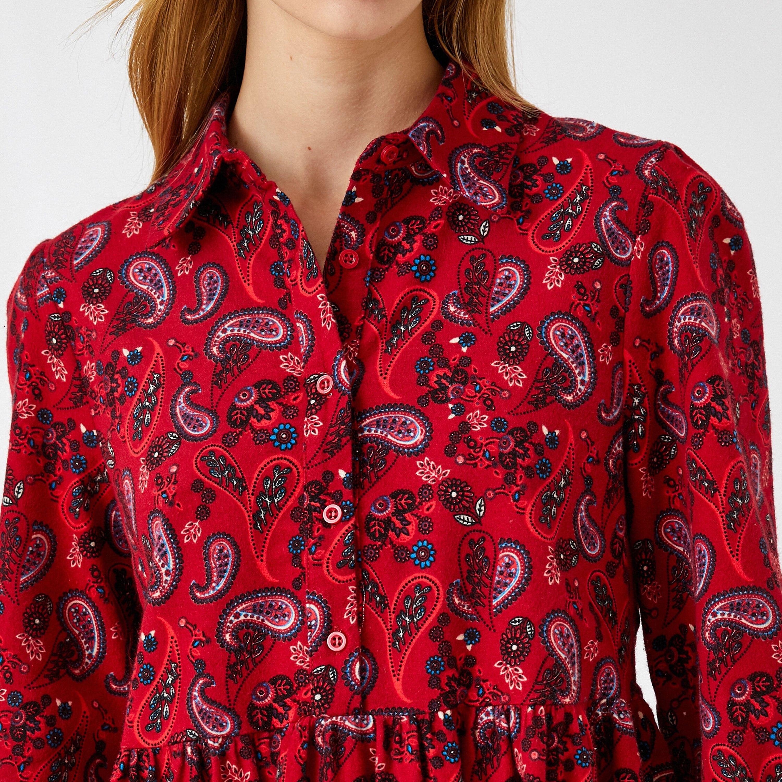 KOTON Red Paisley Cotton Spread Collar Tiered Women's Mini Dress-women-clothing-dresses-image-5