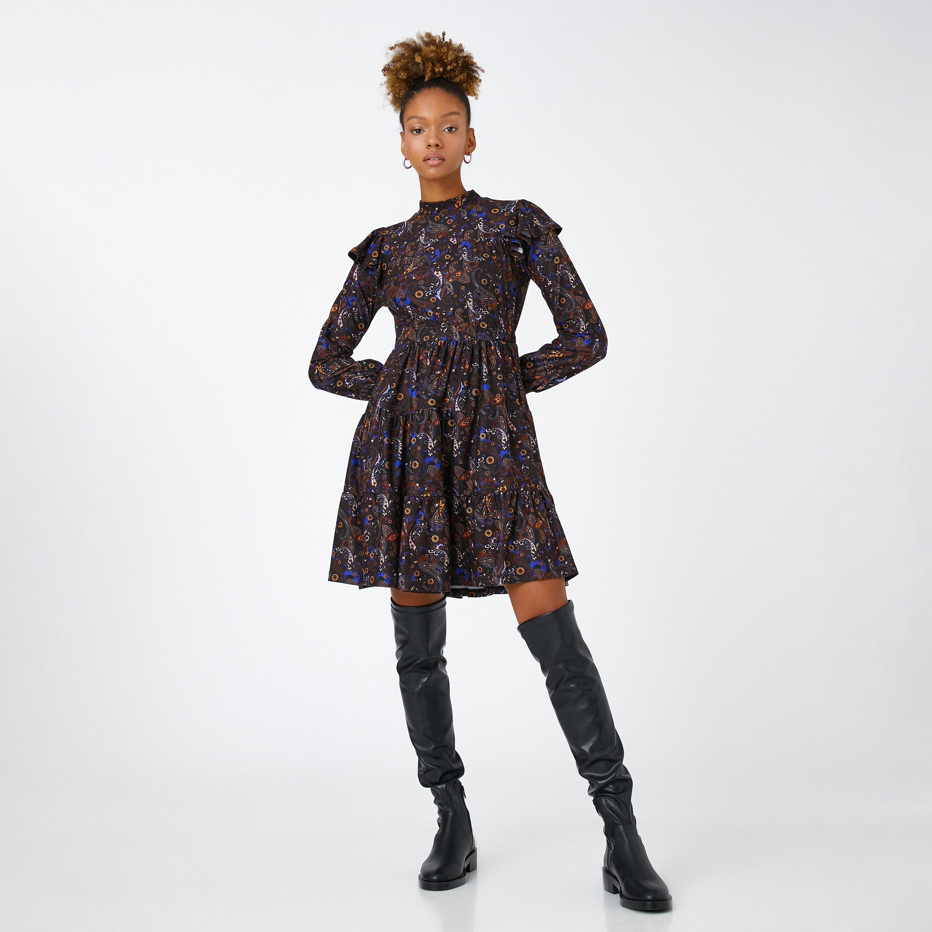 KOTON Black Paisley Print High Neck Cuffed Sleeves Tiered Women's Mini Dress-women-clothing-dresses-image-1