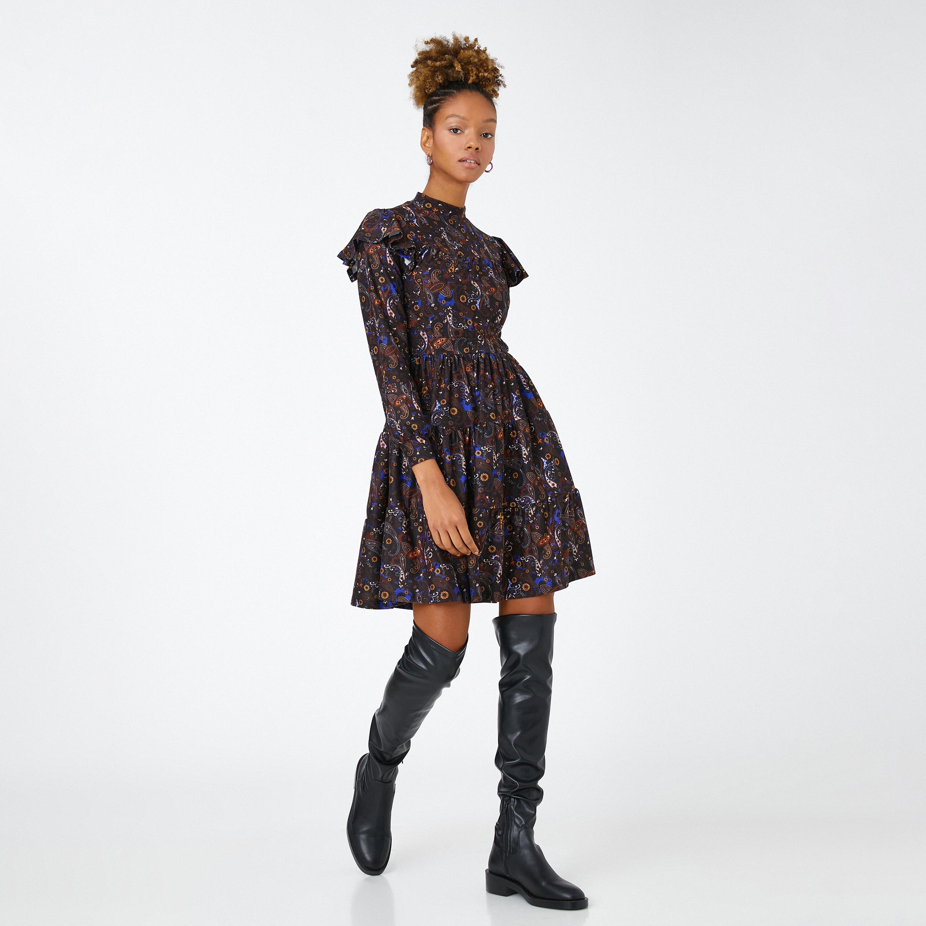 KOTON Black Paisley Print High Neck Cuffed Sleeves Tiered Women's Mini Dress-women-clothing-dresses-image-2