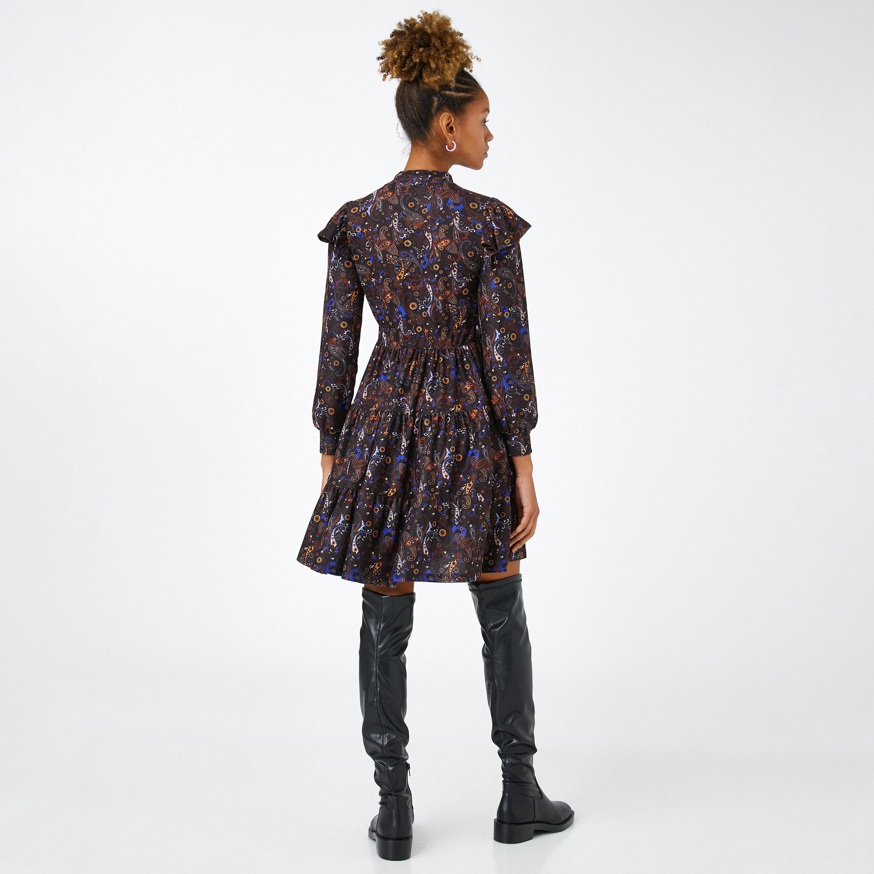 KOTON Black Paisley Print High Neck Cuffed Sleeves Tiered Women's Mini Dress-women-clothing-dresses-image-3