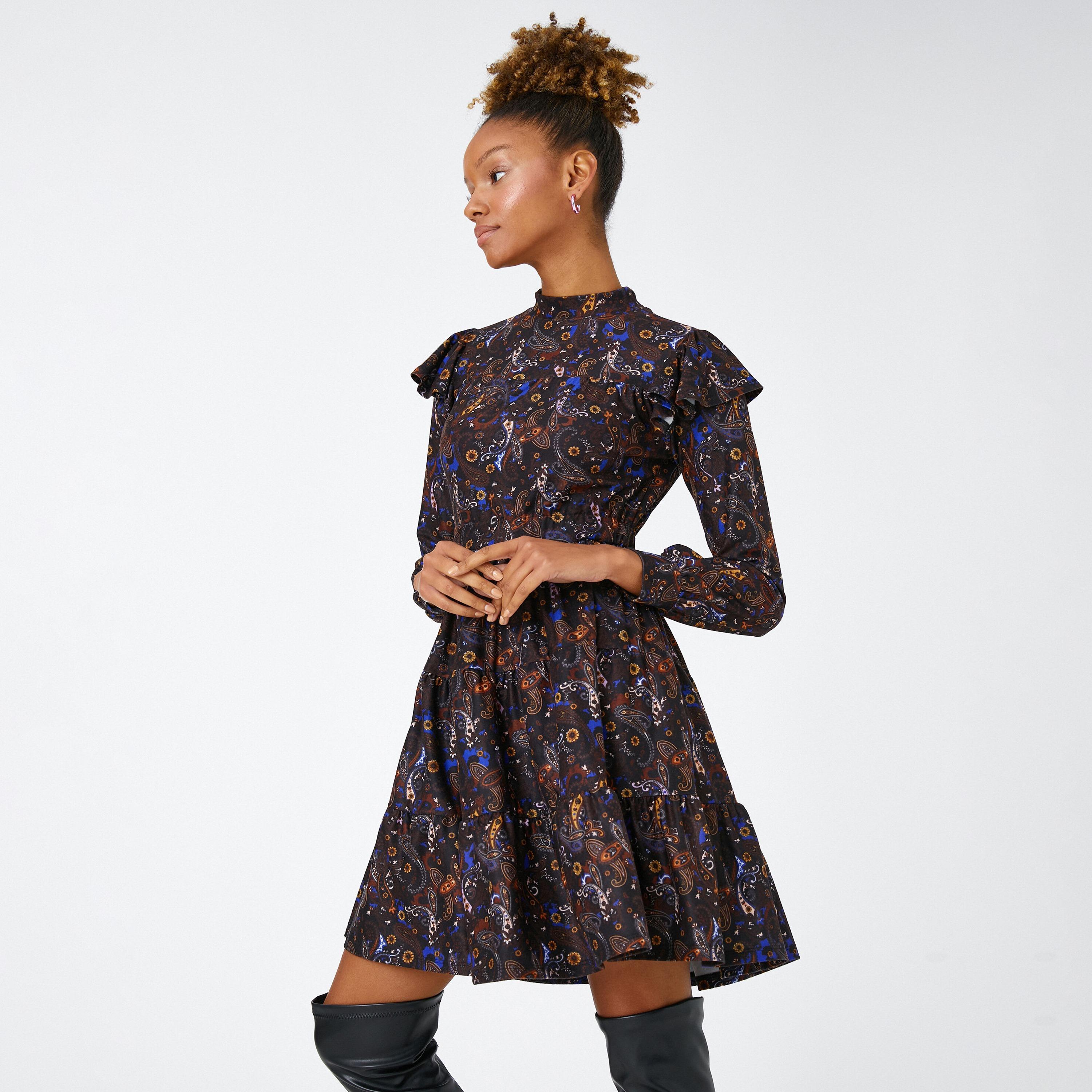 KOTON Black Paisley Print High Neck Cuffed Sleeves Tiered Women's Mini Dress-women-clothing-dresses-image-4