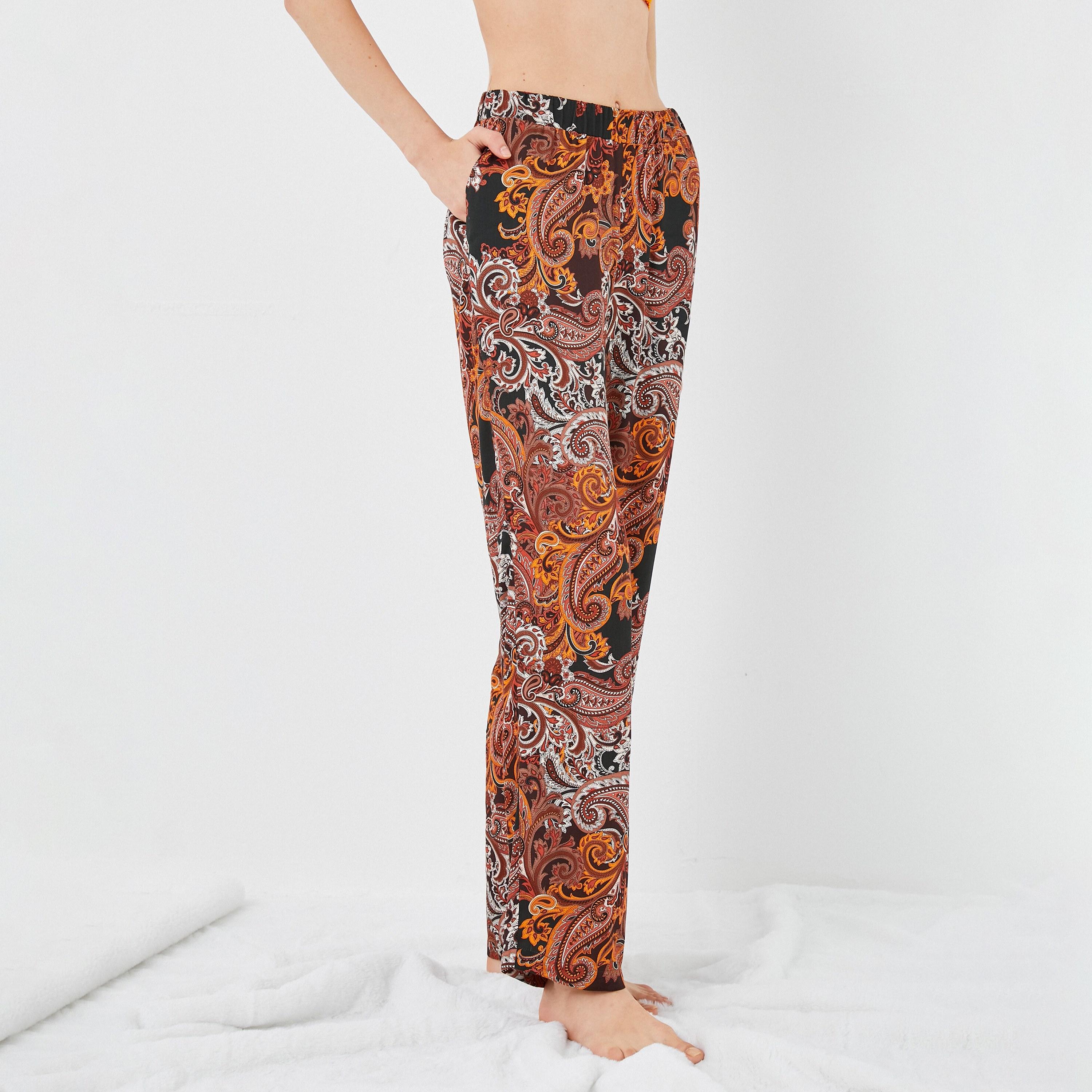 بنطال بيجاما نسائي بخصر مطاطي وطبعة بيزلي بلون بني من كوتون-women-clothing-nightwear-pyjamas-bottoms-image-3