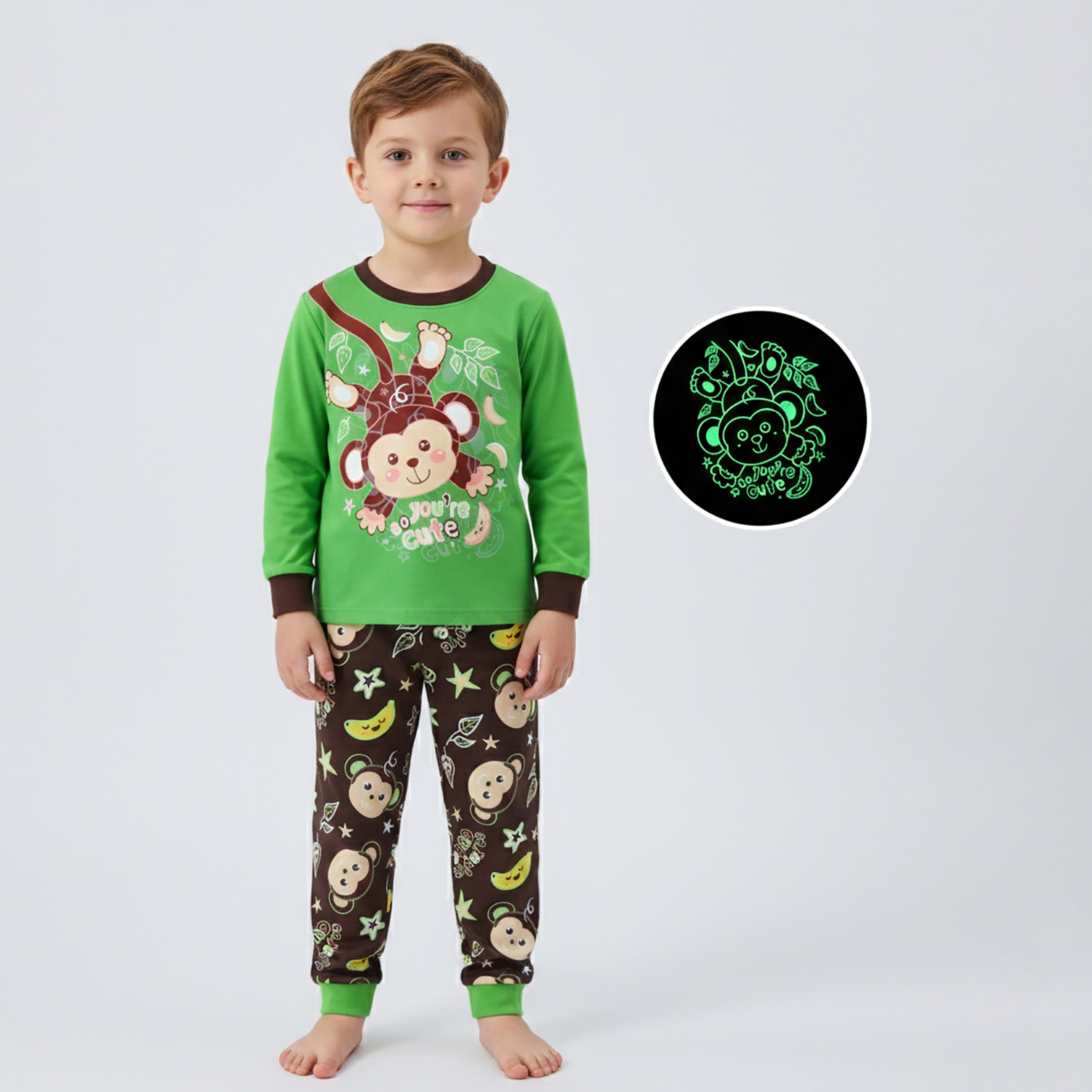 Babyqlo Cotton Monkey Printed Long Sleeves Glow T-Shirt & Pyjamas Set-baby-boys-clothing-nightwear-pyjamasets-image-1