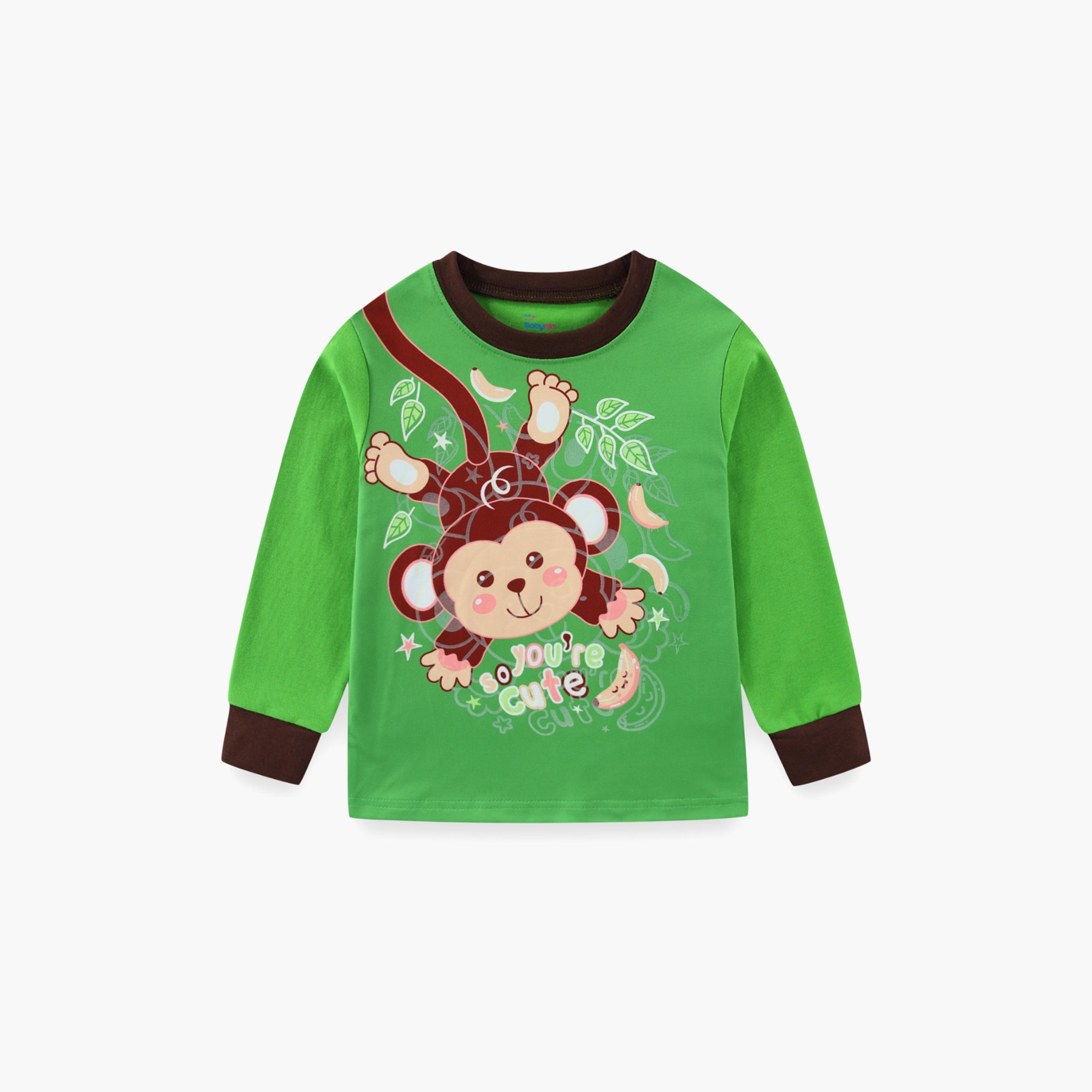 Babyqlo Cotton Monkey Printed Long Sleeves Glow T-Shirt & Pyjamas Set-baby-boys-clothing-nightwear-pyjamasets-image-4