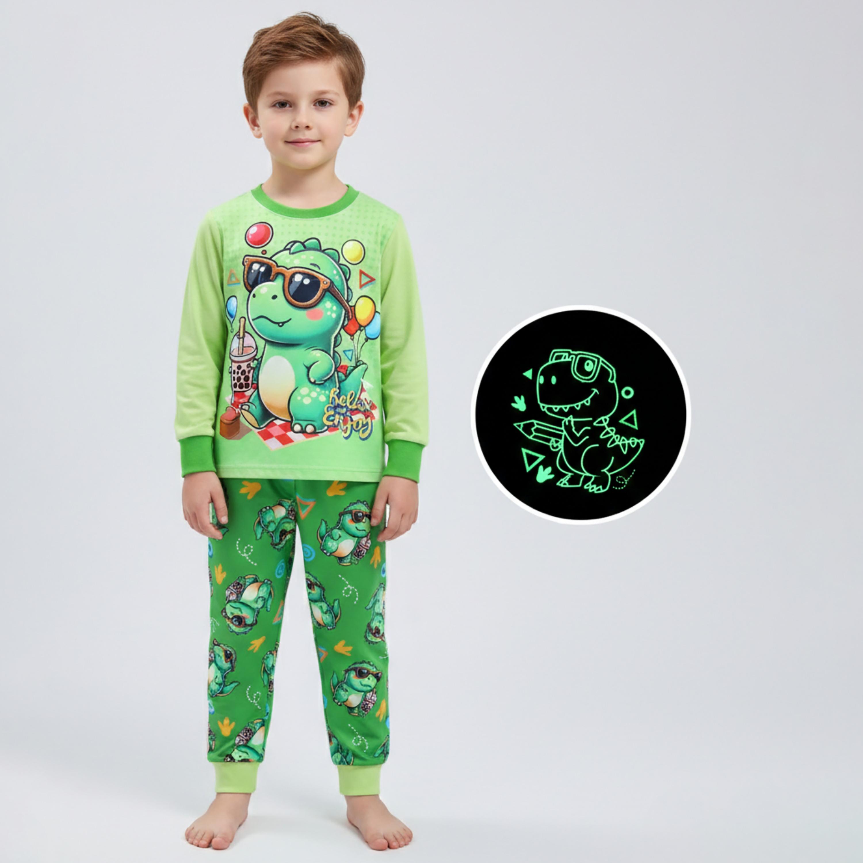 Babyqlo Cotton Dinosaur Printed Long Sleeves Glow T-Shirt & Pyjamas Set-baby-boys-clothing-nightwear-pyjamasets-image-1