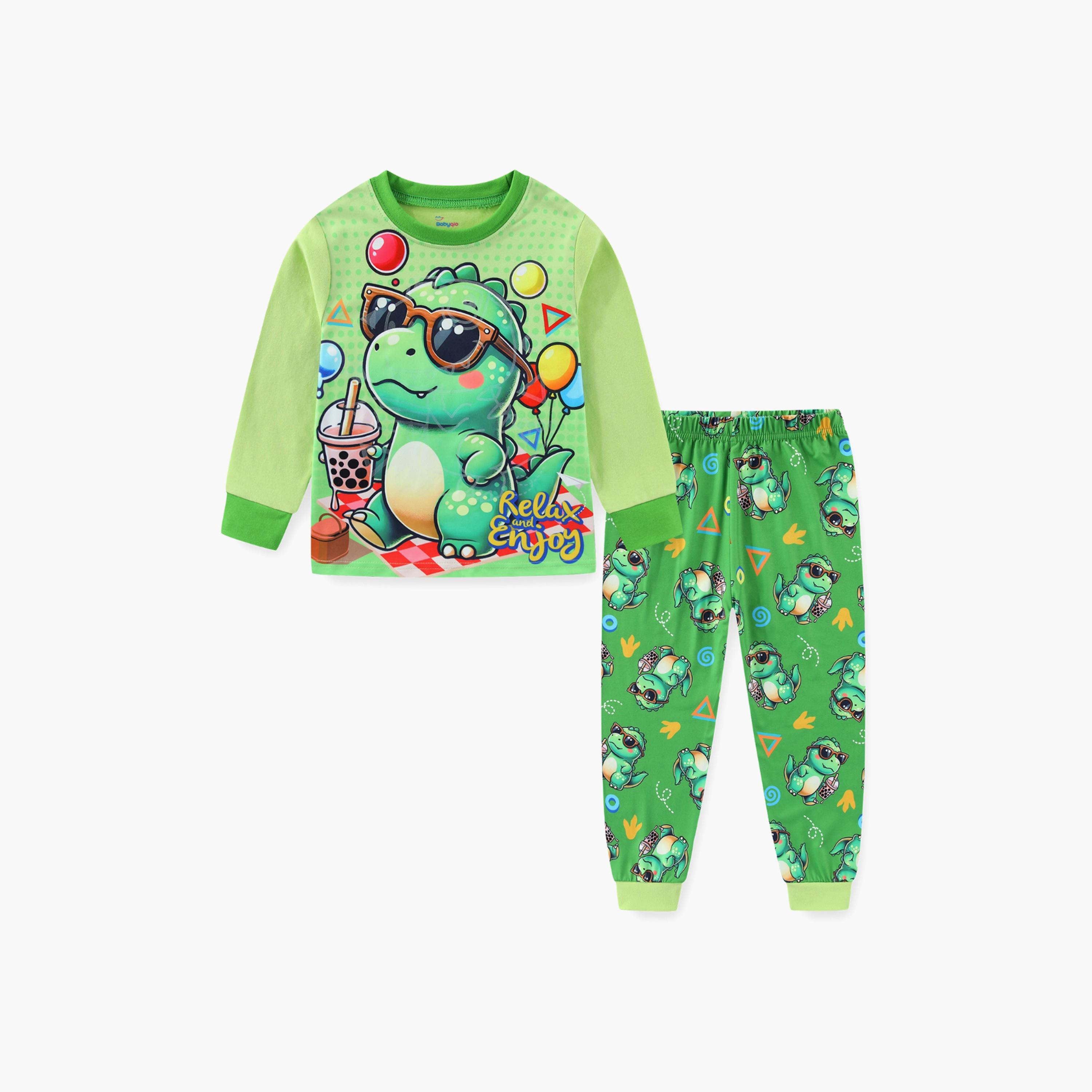 Babyqlo Cotton Dinosaur Printed Long Sleeves Glow T-Shirt & Pyjamas Set-baby-boys-clothing-nightwear-pyjamasets-image-2