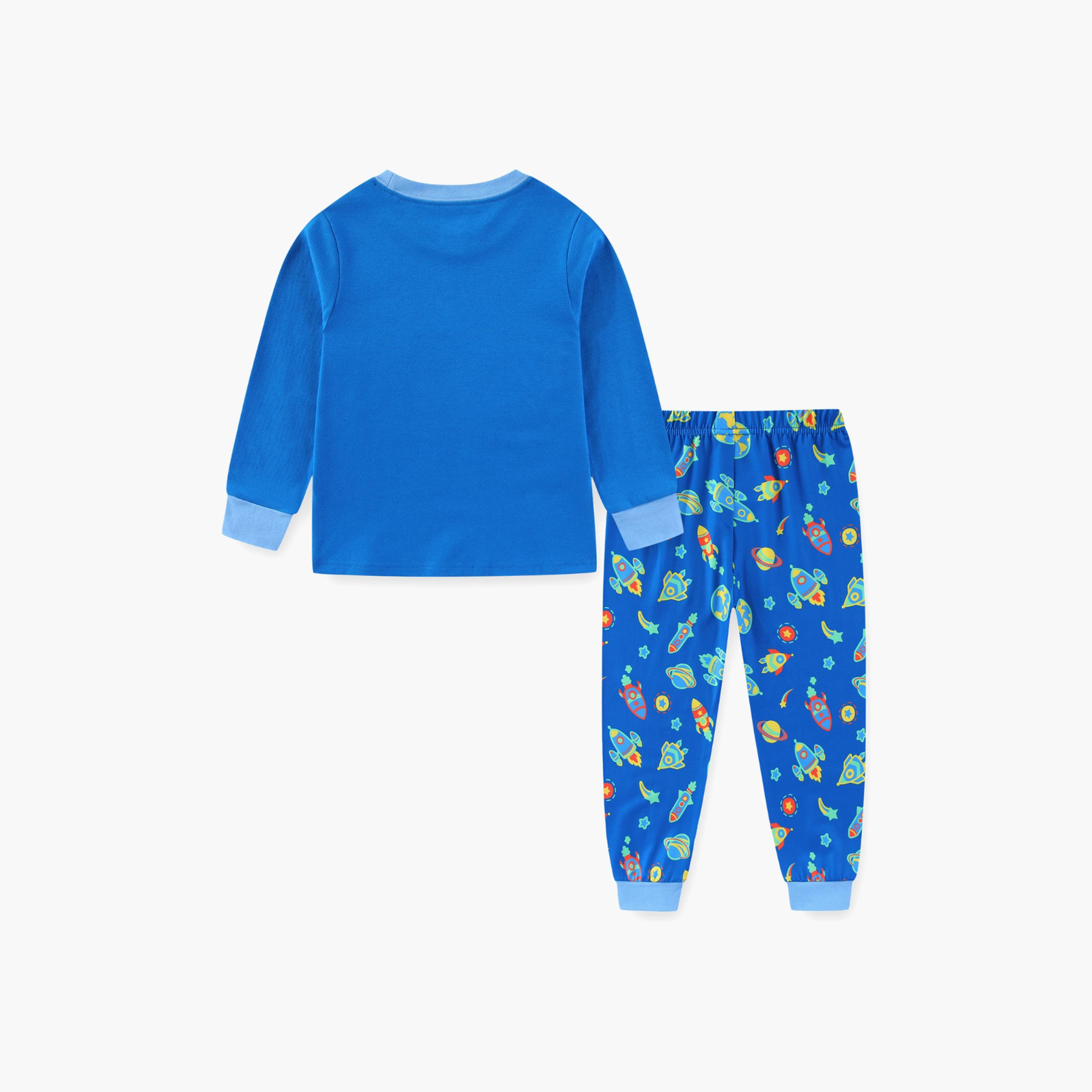 Babyqlo Cotton Space Astronaut Printed Long Sleeves Glow T-Shirt & Pyjamas Set-baby-boys-clothing-nightwear-pyjamasets-image-3