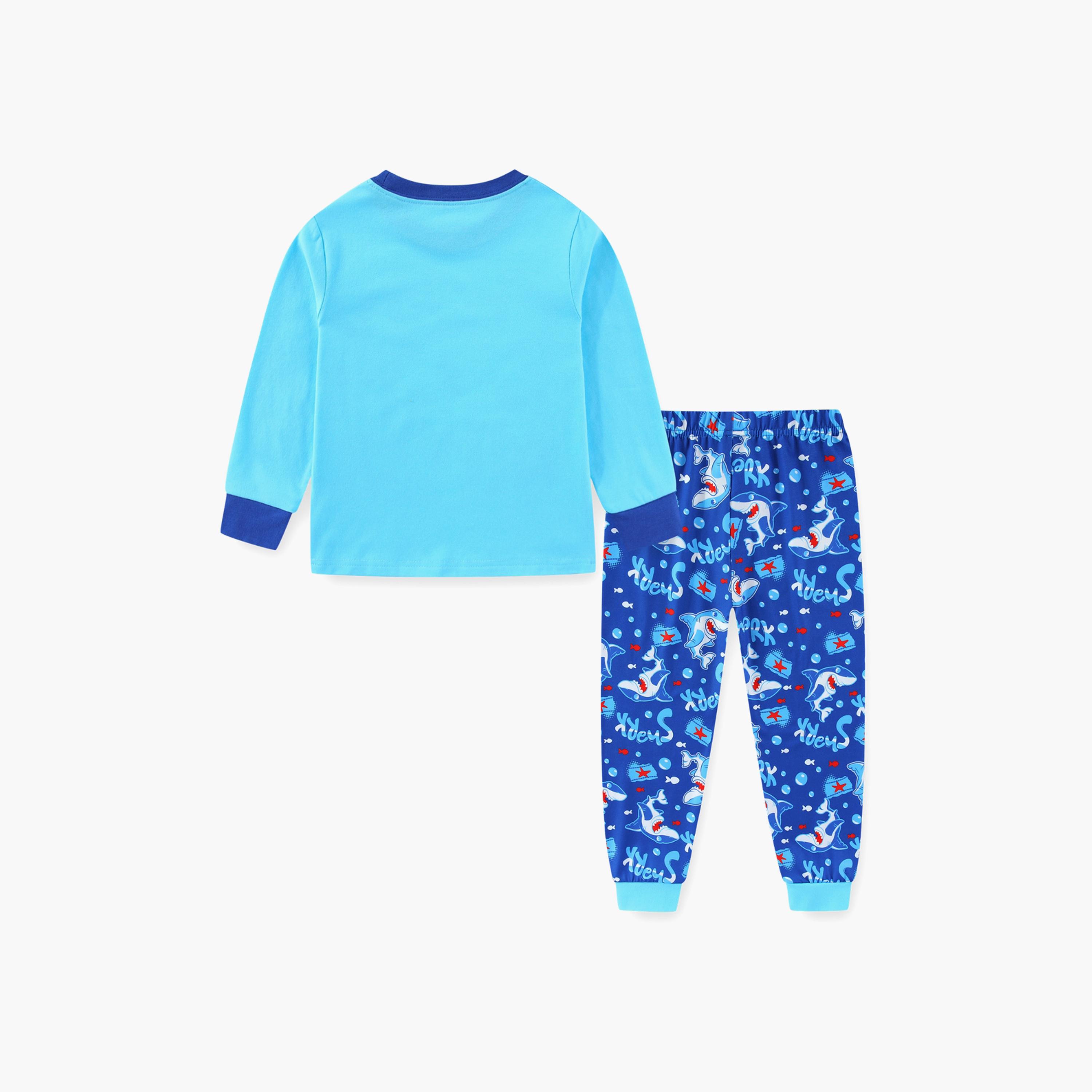Babyqlo Cotton Shark Attack Printed Long Sleeves Glow T-Shirt & Pyjamas Set-baby-boys-clothing-nightwear-pyjamasets-image-3