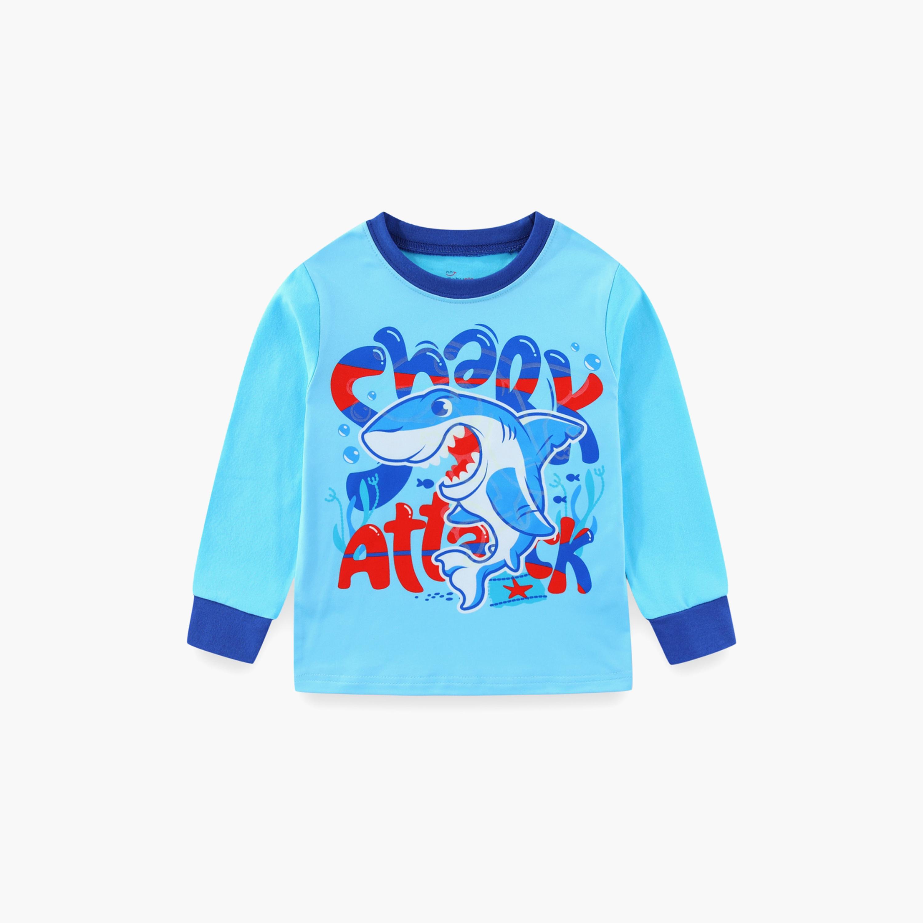 Babyqlo Cotton Shark Attack Printed Long Sleeves Glow T-Shirt & Pyjamas Set-baby-boys-clothing-nightwear-pyjamasets-image-4