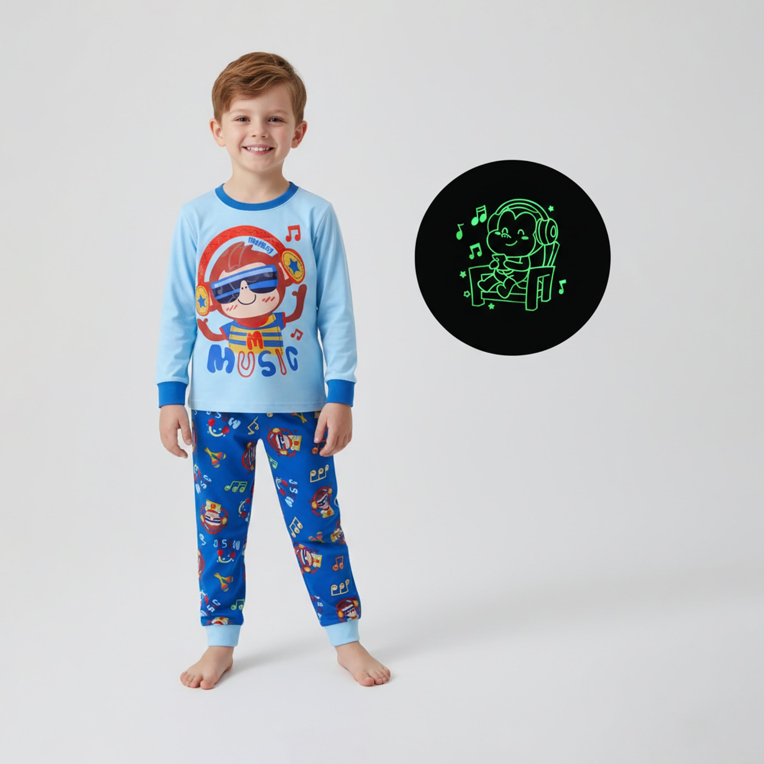 Babyqlo Cotton Music Monkey Printed Long Sleeves Glow T-Shirt & Pyjamas Set-baby-boys-clothing-nightwear-pyjamasets-image-1