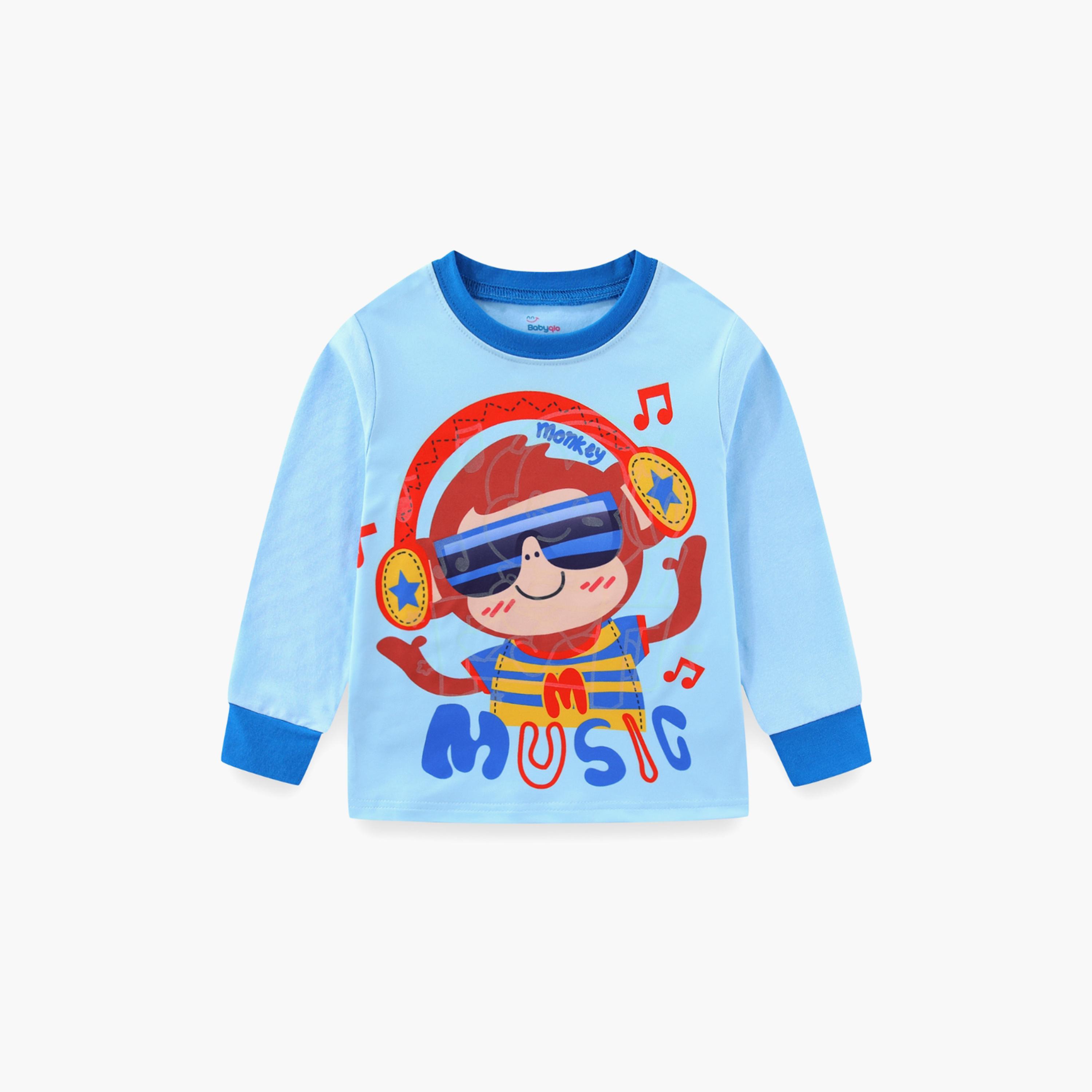 Babyqlo Cotton Music Monkey Printed Long Sleeves Glow T-Shirt & Pyjamas Set-baby-boys-clothing-nightwear-pyjamasets-image-4