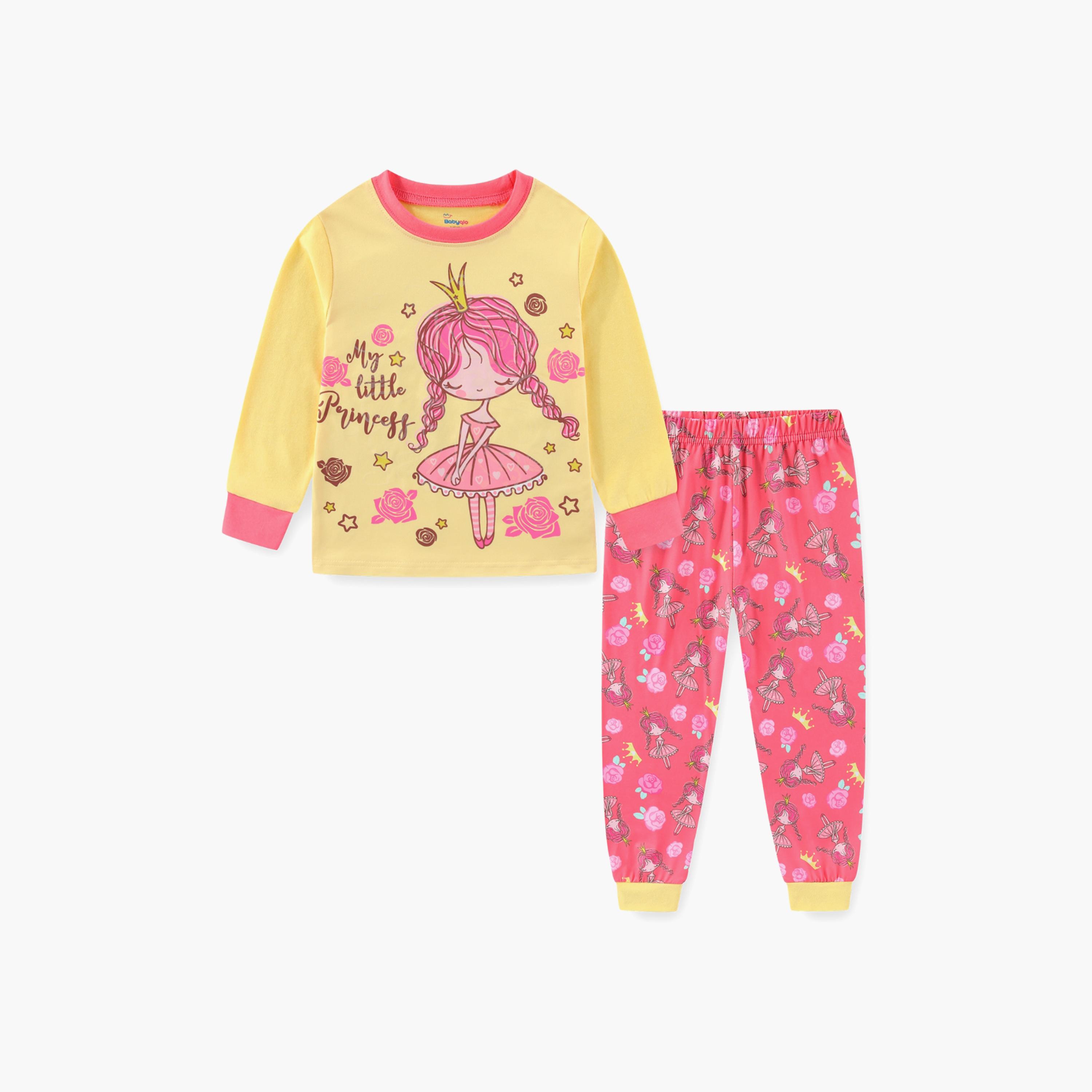 Babyqlo Cotton Little Princess Printed Long Sleeves Glow T-Shirt & Pyjamas Set-baby-girls-clothing-nightwear-pyjamasets-image-2