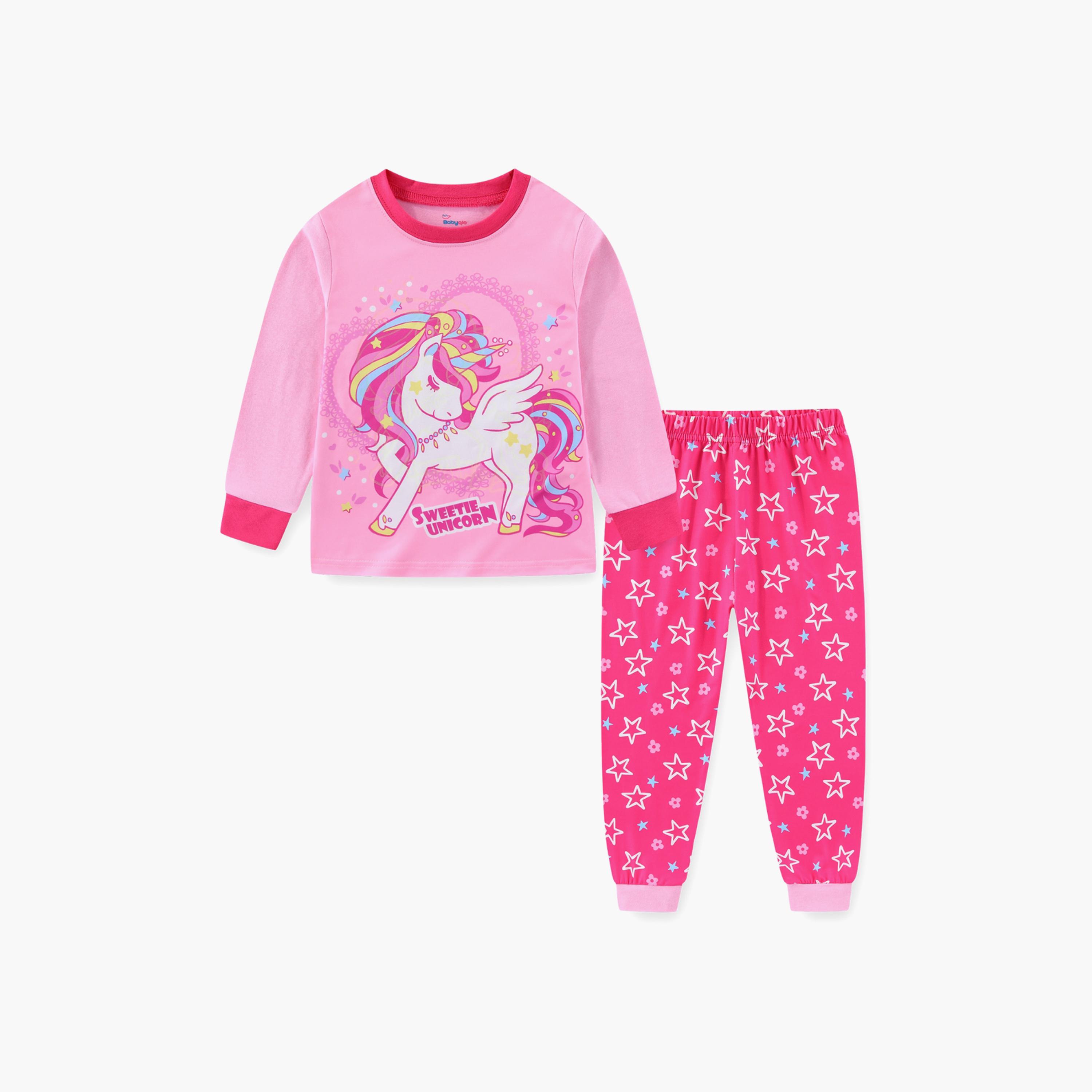 Babyqlo Cotton Sweet Unicorn Printed Long Sleeves Glow T-Shirt & Pyjamas Set-baby-girls-clothing-nightwear-pyjamasets-image-2