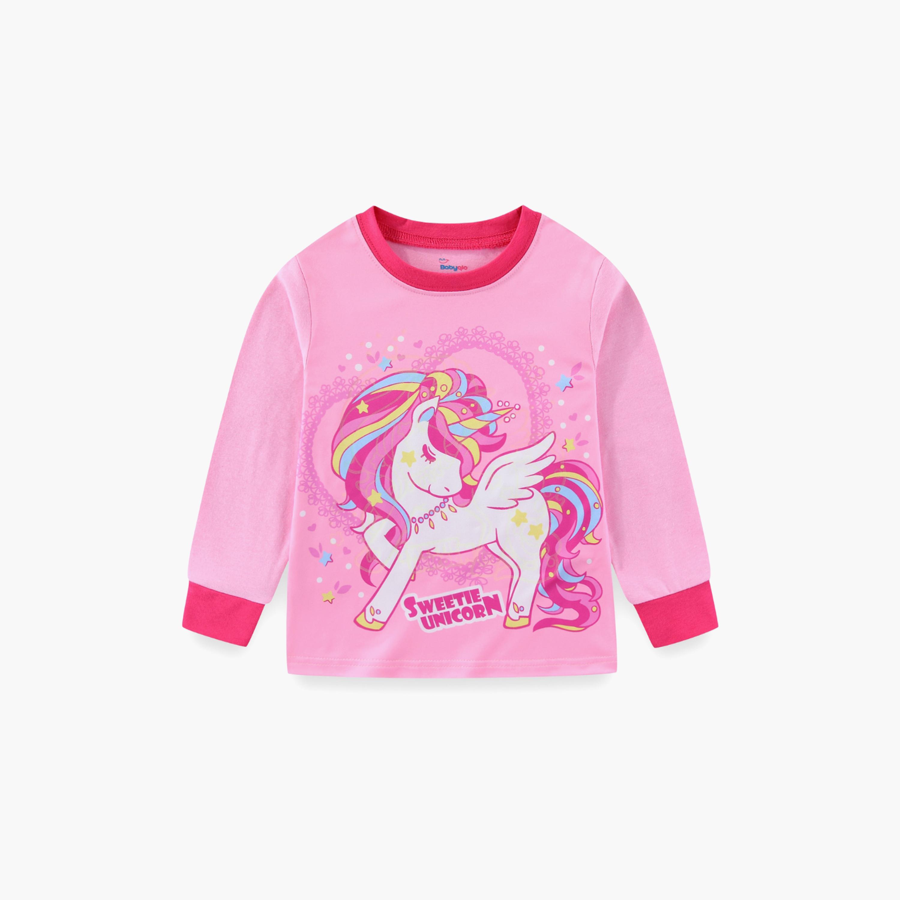 Babyqlo Cotton Sweet Unicorn Printed Long Sleeves Glow T-Shirt & Pyjamas Set-baby-girls-clothing-nightwear-pyjamasets-image-4