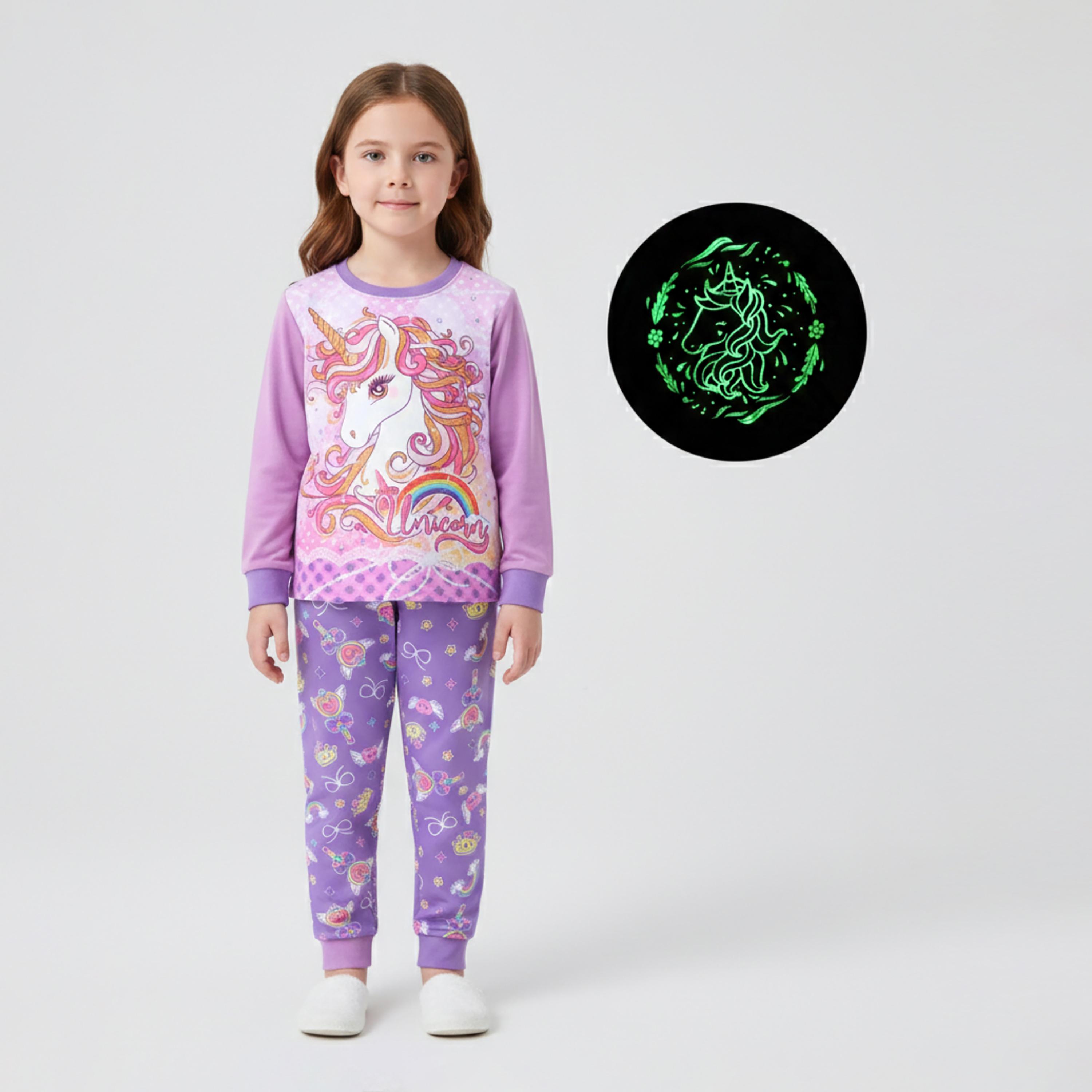 Babyqlo Cotton Rainbow Unicorn Printed Long Sleeves Glow T-Shirt & Pyjamas Set-baby-girls-clothing-nightwear-pyjamasets-image-1