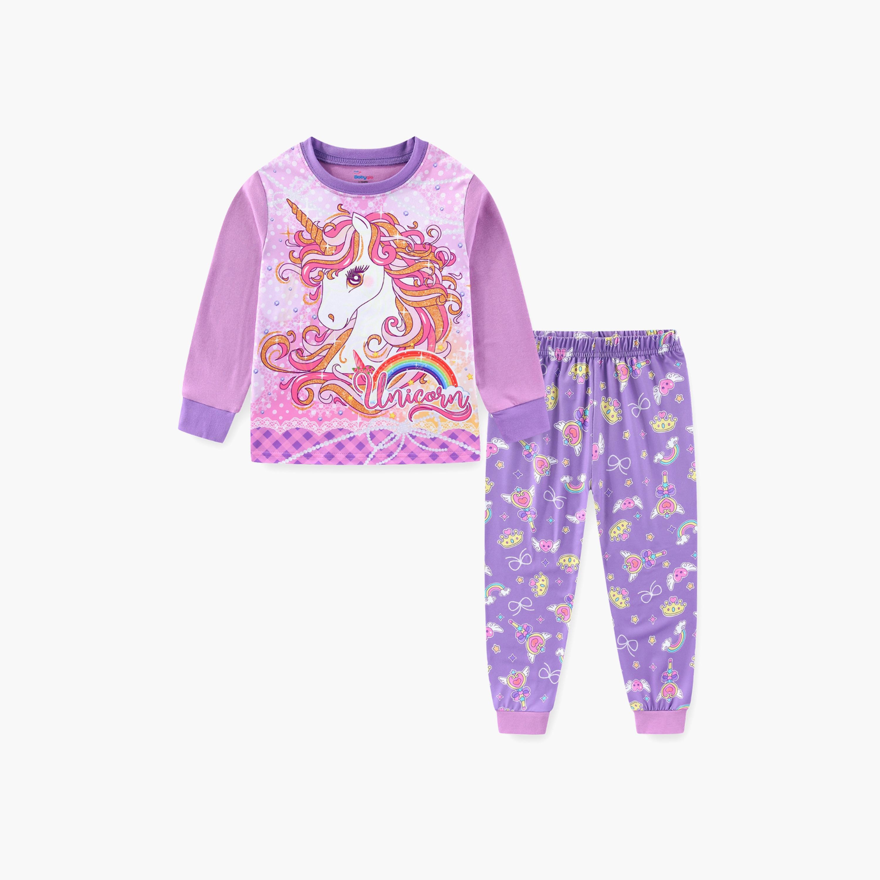 Babyqlo Cotton Rainbow Unicorn Printed Long Sleeves Glow T-Shirt & Pyjamas Set-baby-girls-clothing-nightwear-pyjamasets-image-2