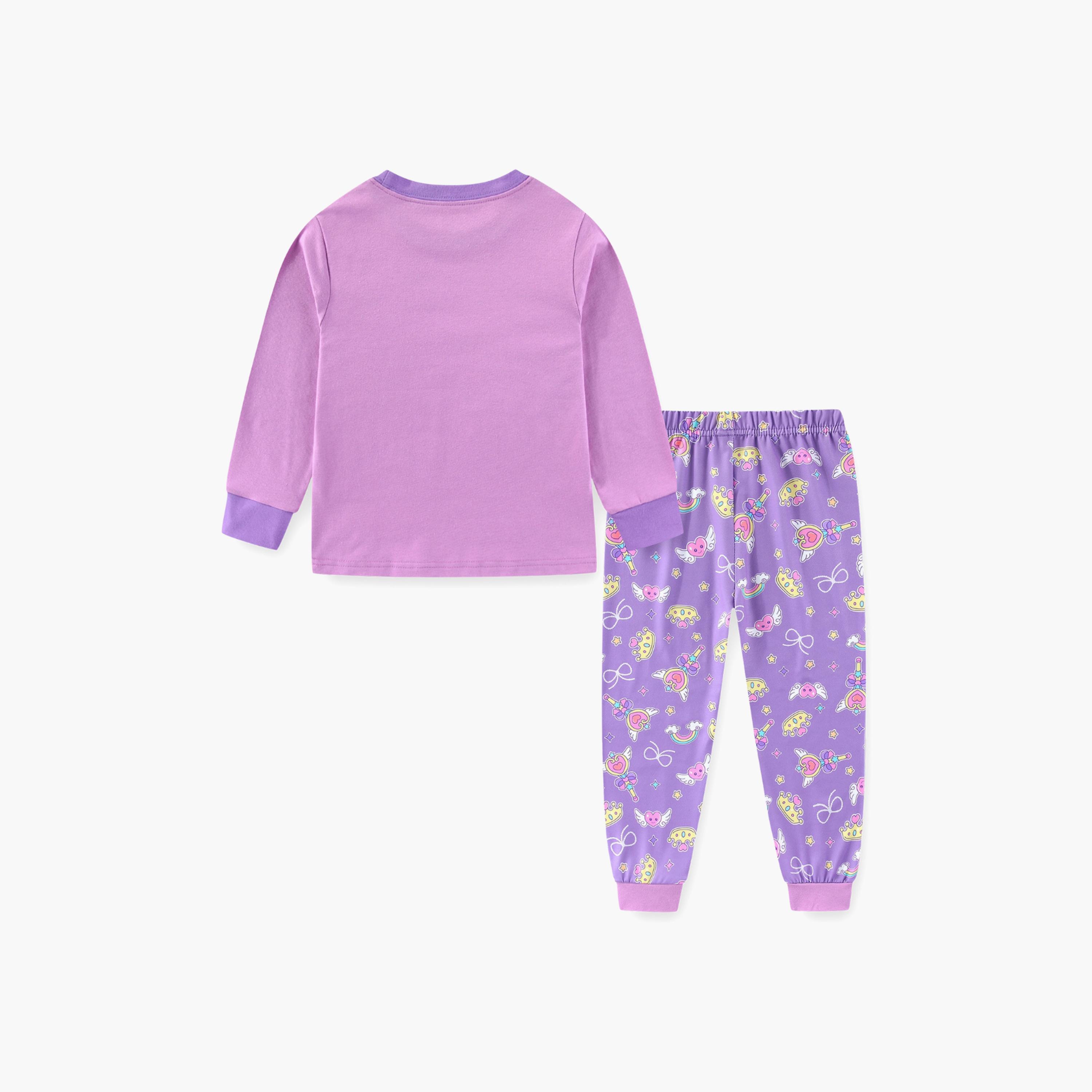 Babyqlo Cotton Rainbow Unicorn Printed Long Sleeves Glow T-Shirt & Pyjamas Set-baby-girls-clothing-nightwear-pyjamasets-image-3