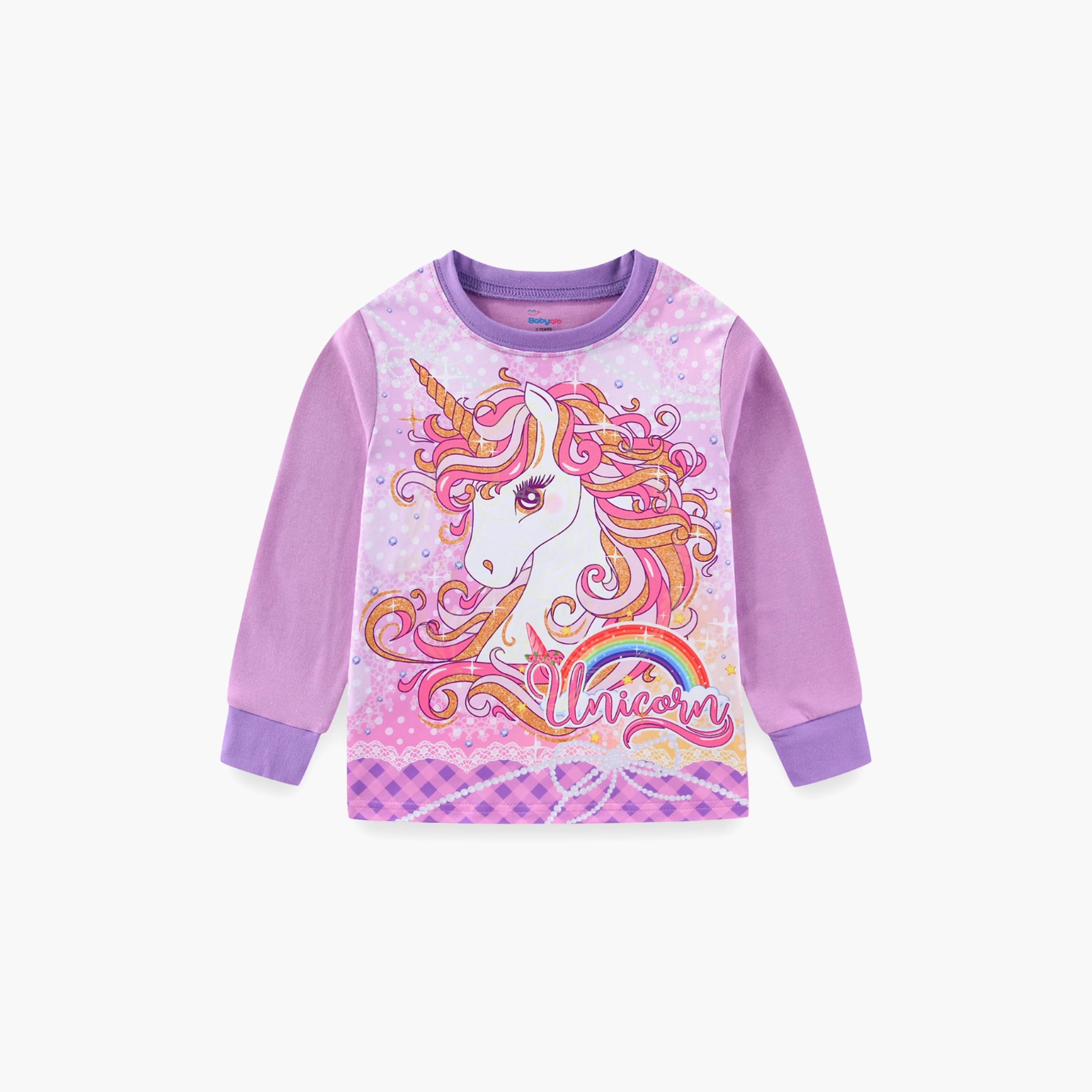 Babyqlo Cotton Rainbow Unicorn Printed Long Sleeves Glow T-Shirt & Pyjamas Set-baby-girls-clothing-nightwear-pyjamasets-image-4