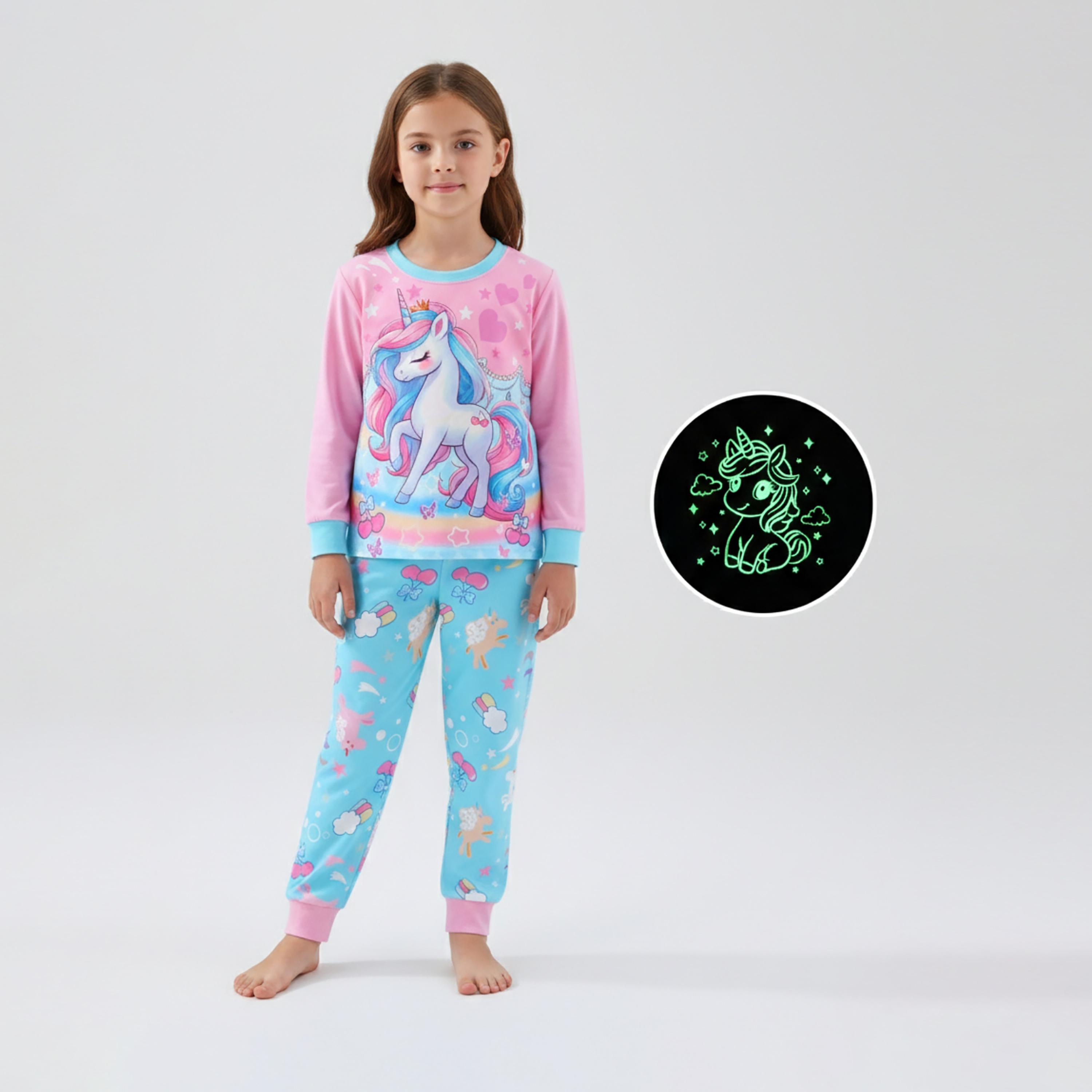 Babyqlo Cotton Magical Unicorn Printed Long Sleeves Glow T-Shirt & Pyjamas Set-baby-girls-clothing-nightwear-pyjamasets-image-1