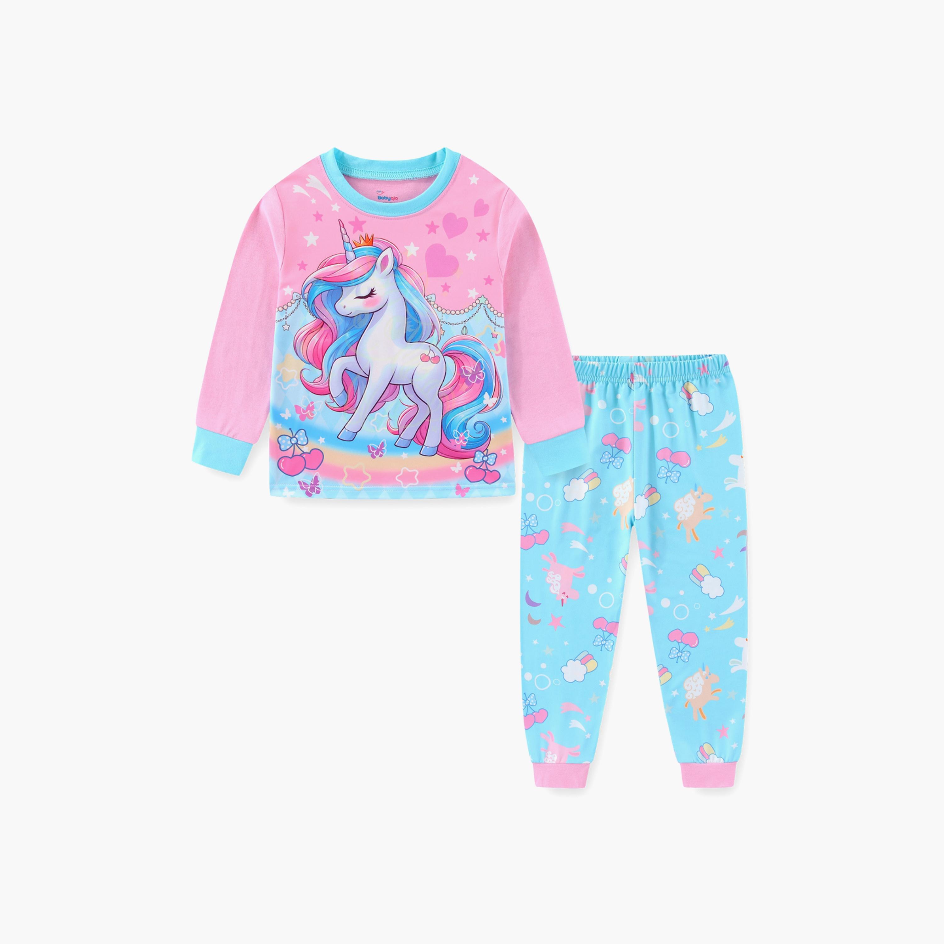 Babyqlo Cotton Magical Unicorn Printed Long Sleeves Glow T-Shirt & Pyjamas Set-baby-girls-clothing-nightwear-pyjamasets-image-2