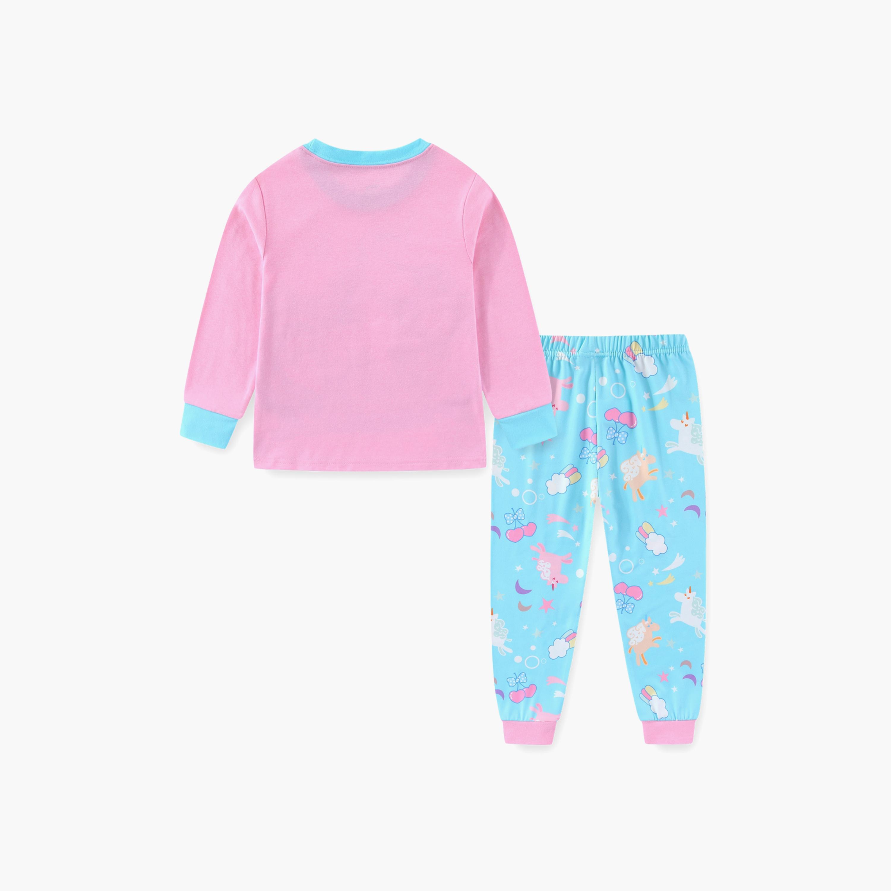 Babyqlo Cotton Magical Unicorn Printed Long Sleeves Glow T-Shirt & Pyjamas Set-baby-girls-clothing-nightwear-pyjamasets-image-3