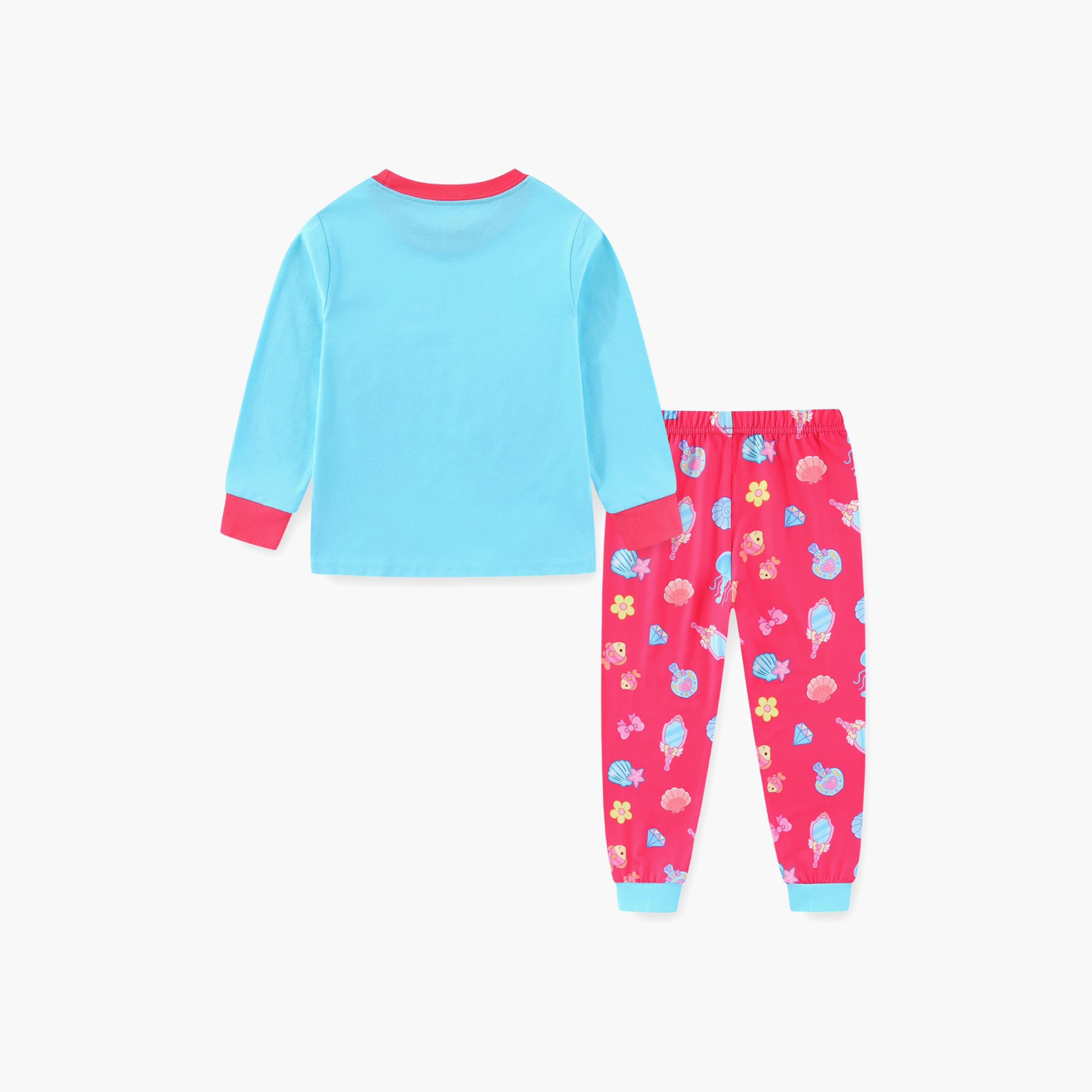 Babyqlo Cotton Fantasy Mermaid Printed Long Sleeves Glow T-Shirt & Pyjamas Set-baby-girls-clothing-nightwear-pyjamasets-image-3