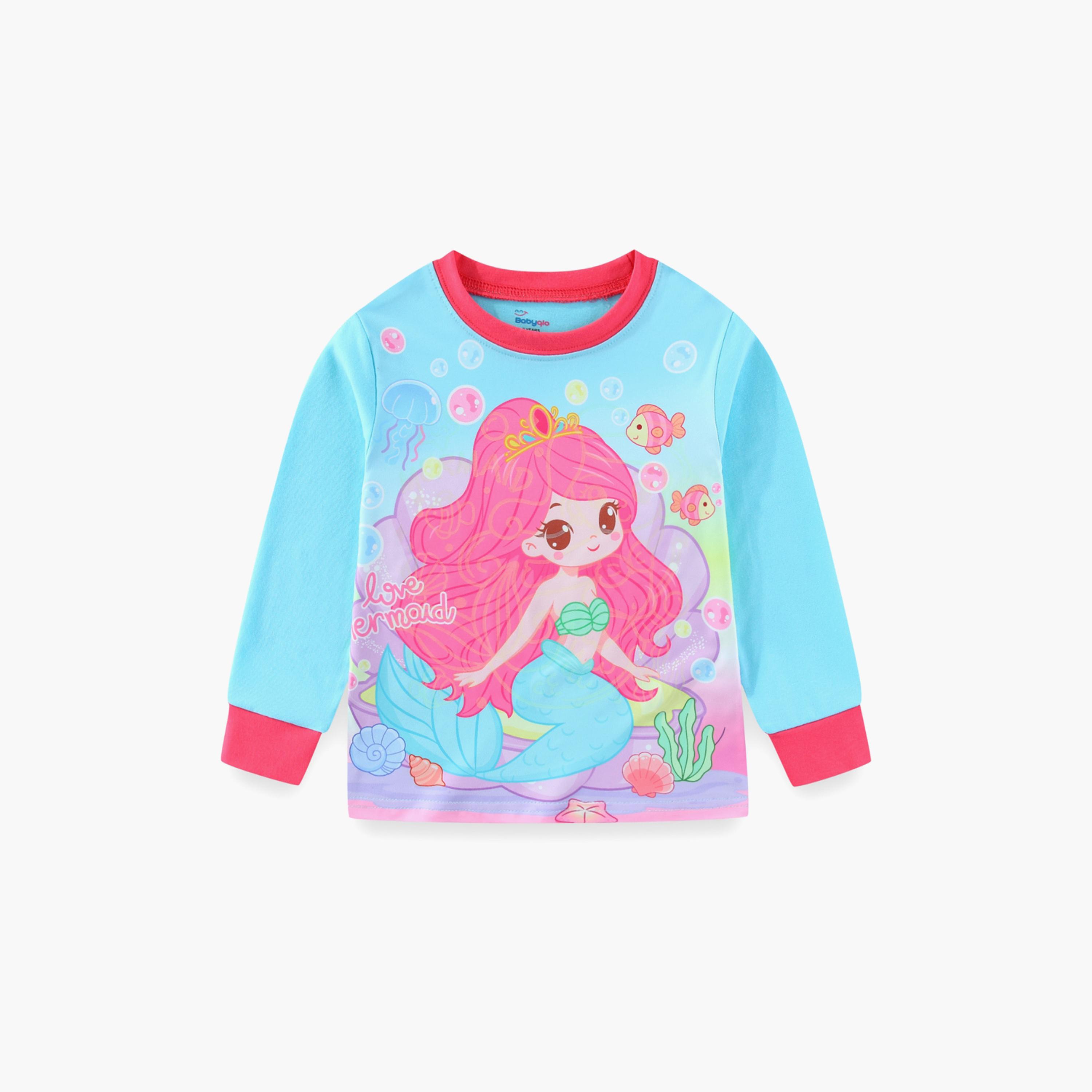 Babyqlo Cotton Fantasy Mermaid Printed Long Sleeves Glow T-Shirt & Pyjamas Set-baby-girls-clothing-nightwear-pyjamasets-image-4