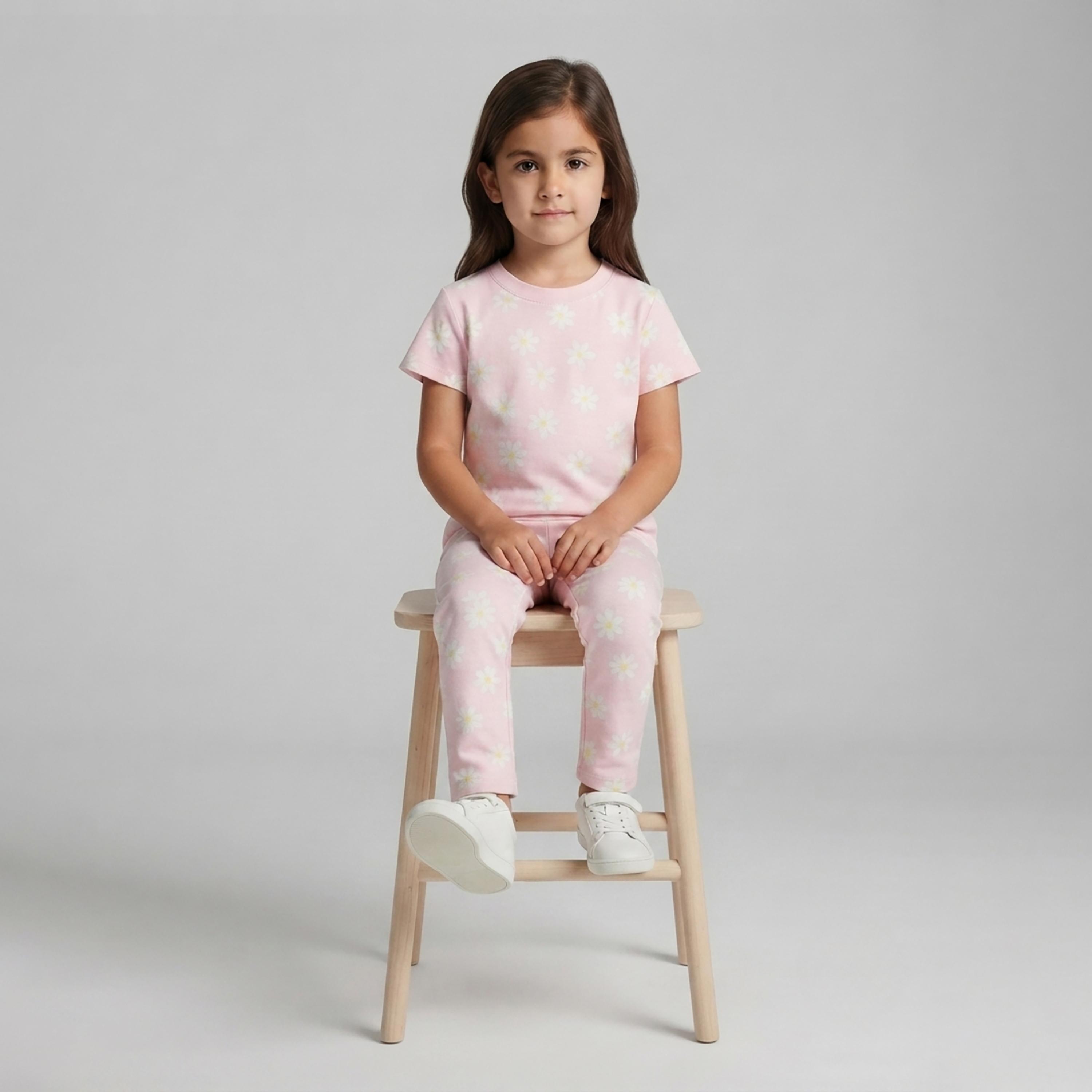 طقم تيشرت بأكمام قصيرة وبنطال بيجامة بطبعة أزهار الأقحوان من بيبي كلو-baby-girls-clothing-setsandcoords-image-4