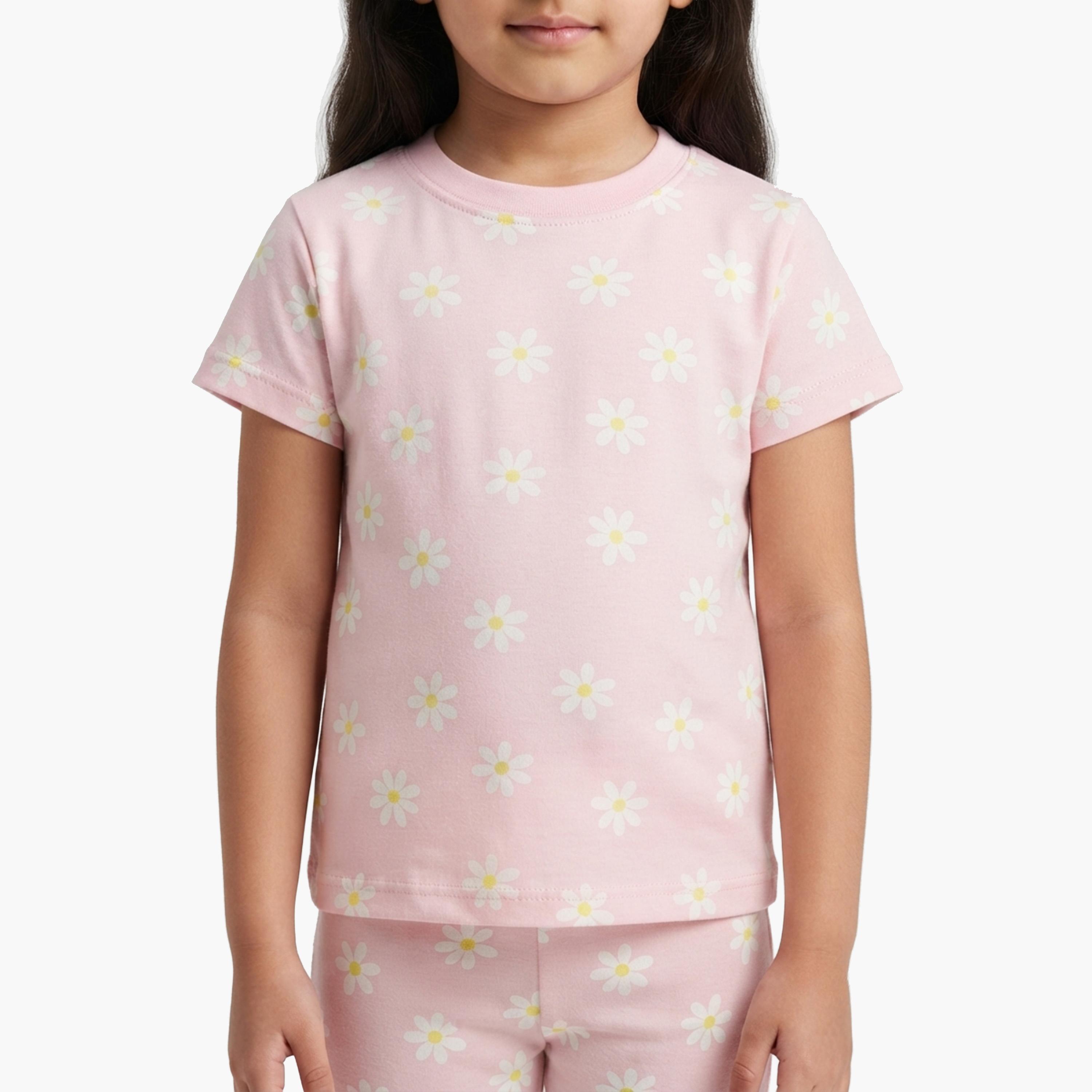 طقم تيشرت بأكمام قصيرة وبنطال بيجامة بطبعة أزهار الأقحوان من بيبي كلو-baby-girls-clothing-setsandcoords-image-5