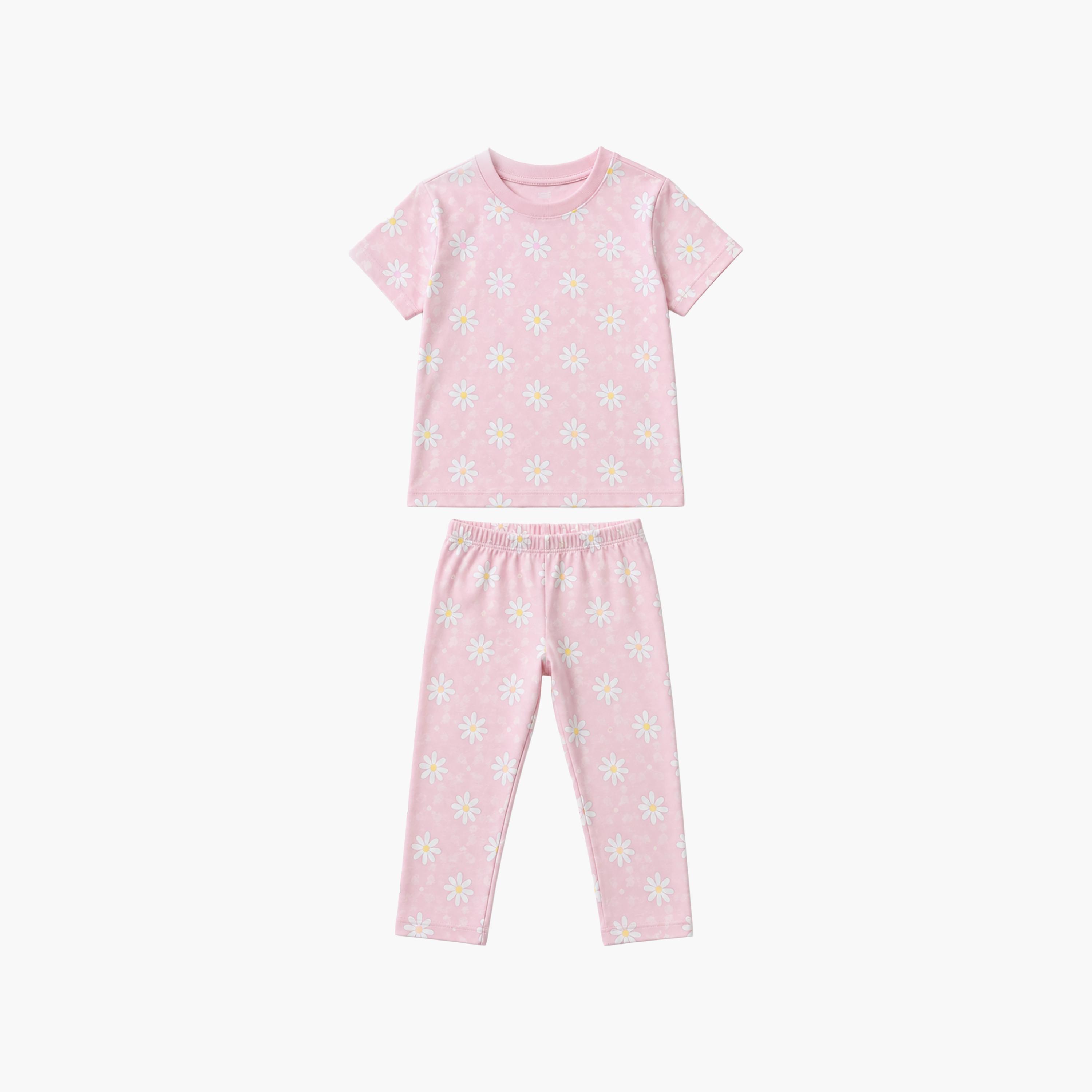 طقم تيشرت بأكمام قصيرة وبنطال بيجامة بطبعة أزهار الأقحوان من بيبي كلو-baby-girls-clothing-setsandcoords-image-6