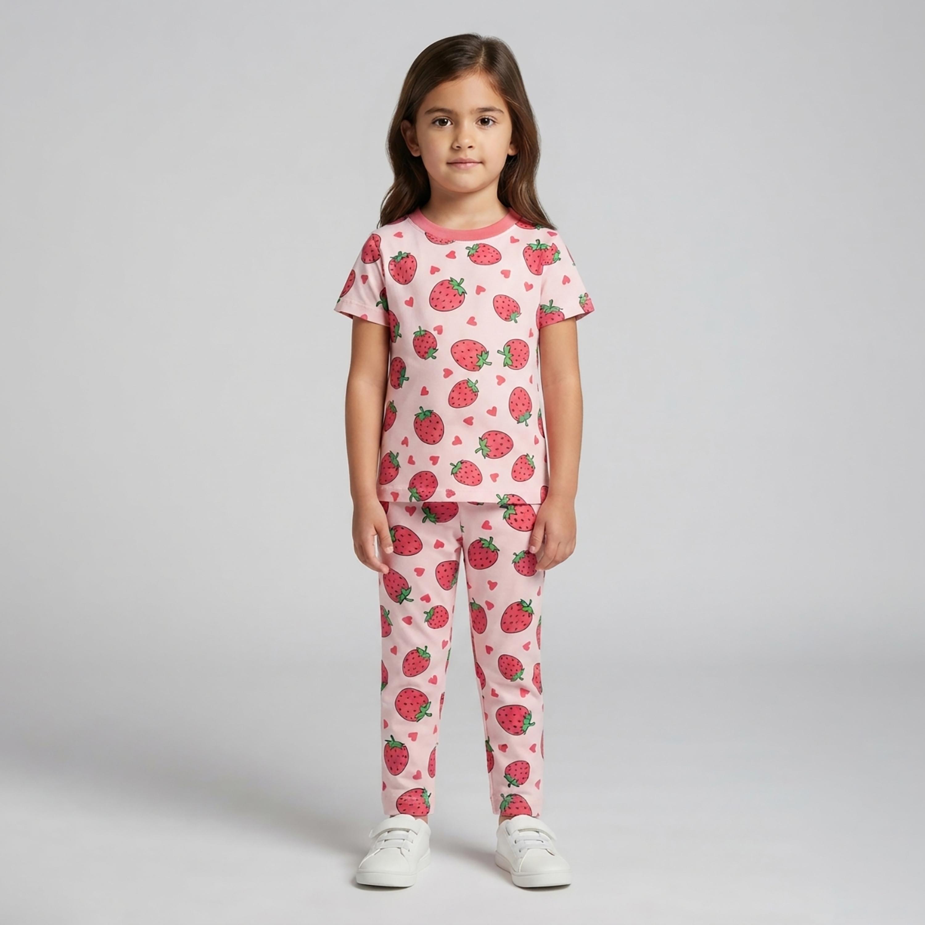 طقم تيشرت بأكمام قصيرة وبنطال بيجامة بطبعة فراولة من بيبي كلو-baby-girls-clothing-setsandcoords-image-1
