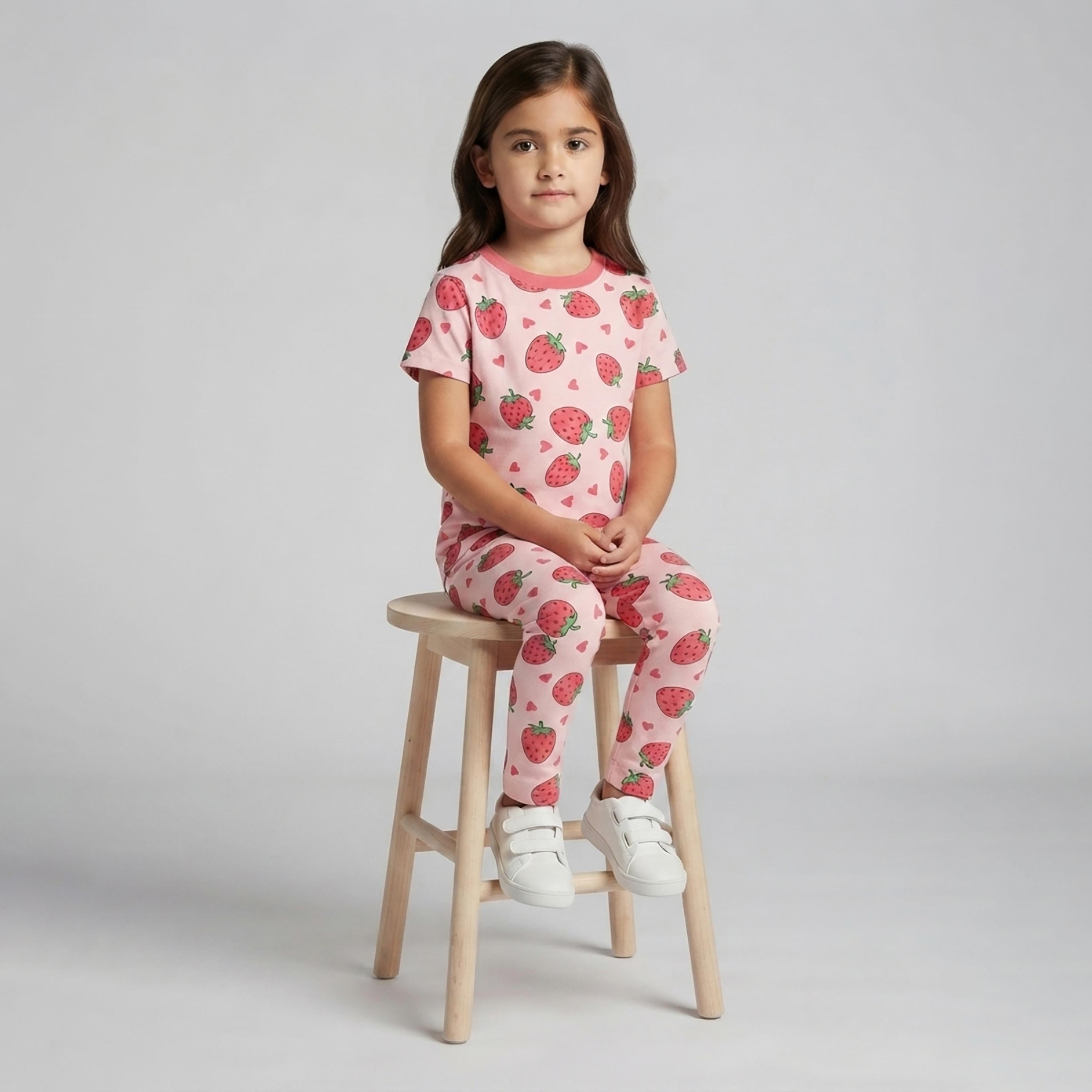 طقم تيشرت بأكمام قصيرة وبنطال بيجامة بطبعة فراولة من بيبي كلو-baby-girls-clothing-setsandcoords-image-4