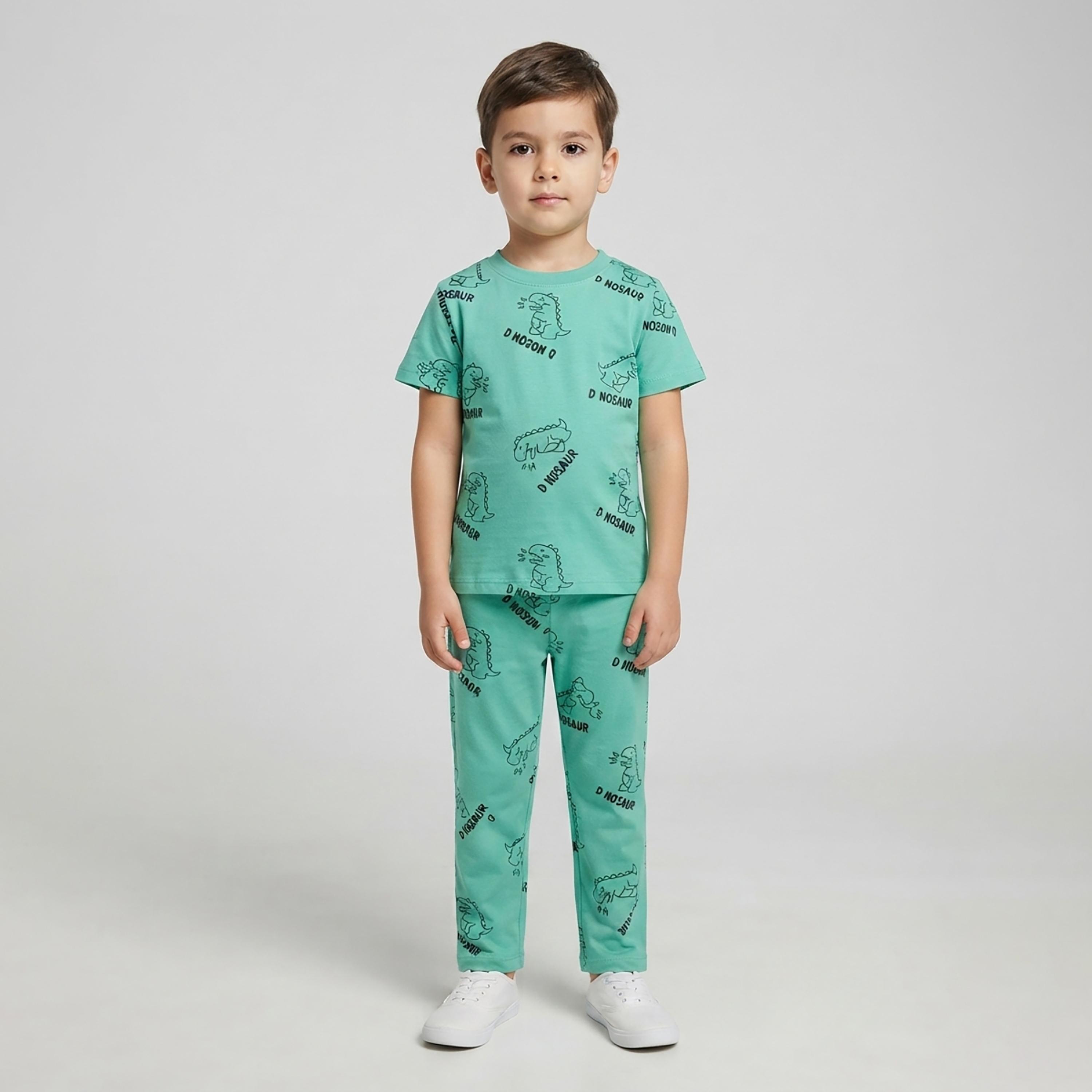 طقم تيشرت بأكمام قصيرة وبنطال بيجامة بطبعة ديناصور من بيبي كلو-boys-clothing-setsandcoords-image-1