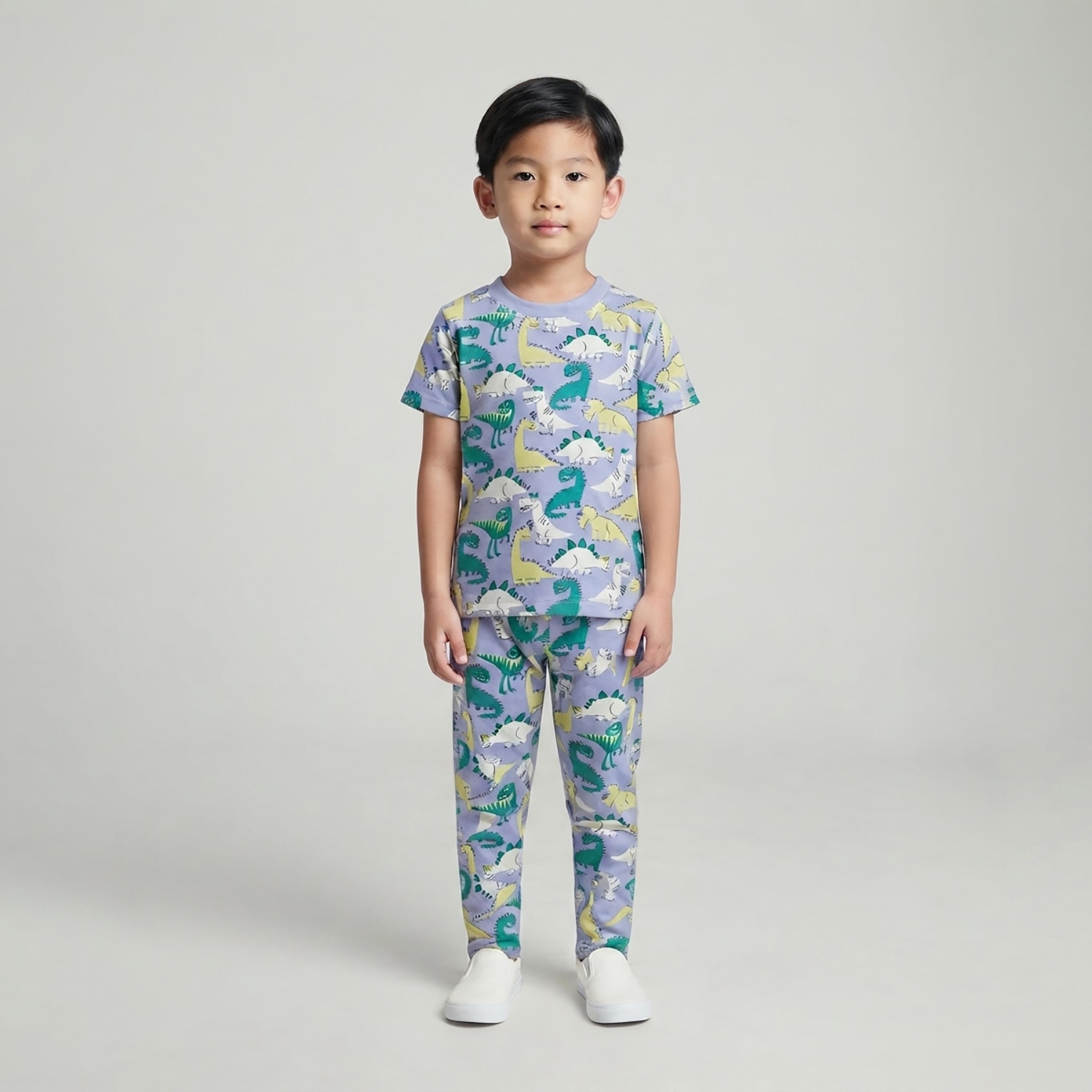 طقم تيشرت بأكمام قصيرة وبنطال بيجامة بطبعة ديناصور من بيبي كلو-boys-clothing-setsandcoords-image-1