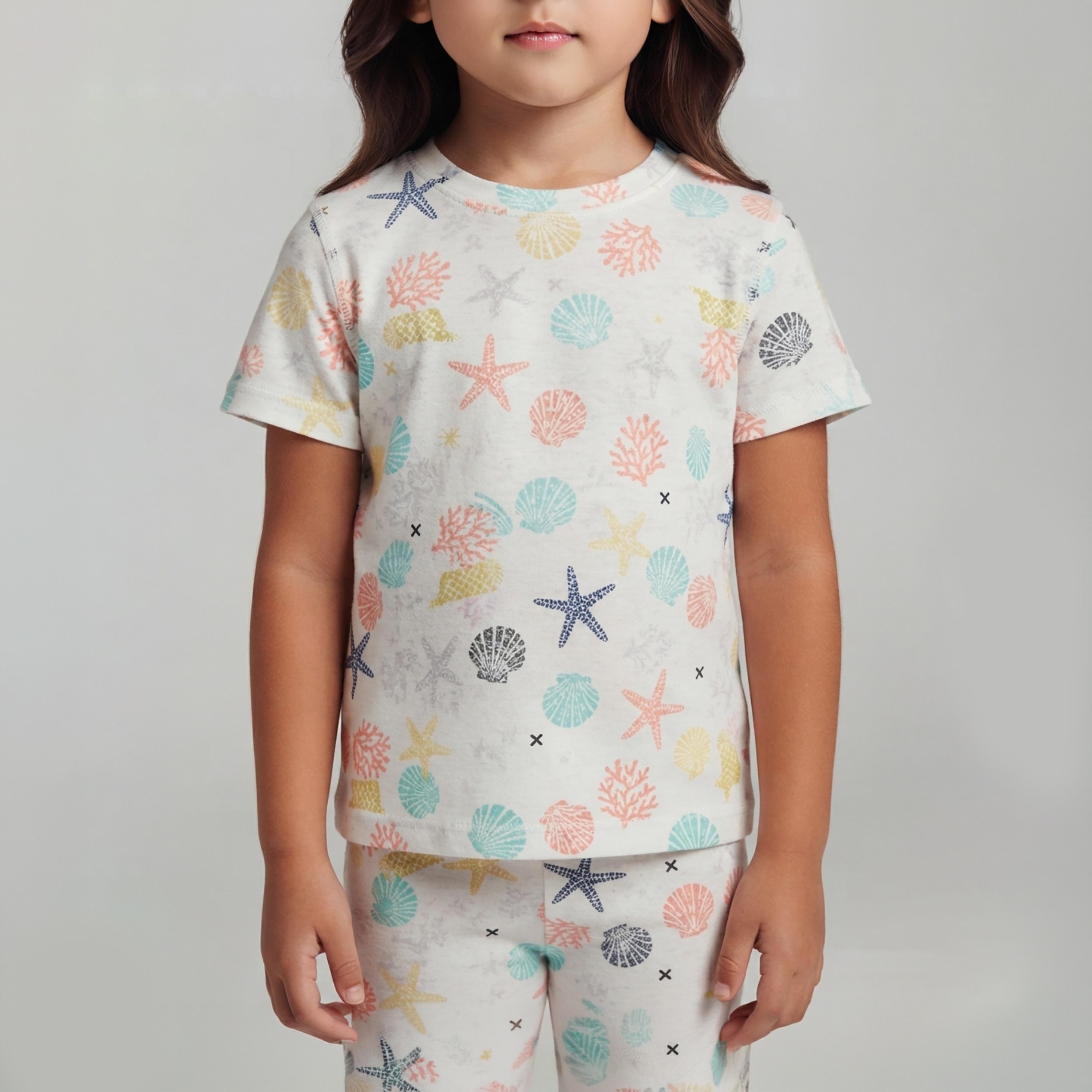 طقم تيشرت بأكمام قصيرة وبنطال بيجامة بطبعة قواقع البحر ونجم البحر من بيبي كلو-baby-girls-clothing-setsandcoords-image-5