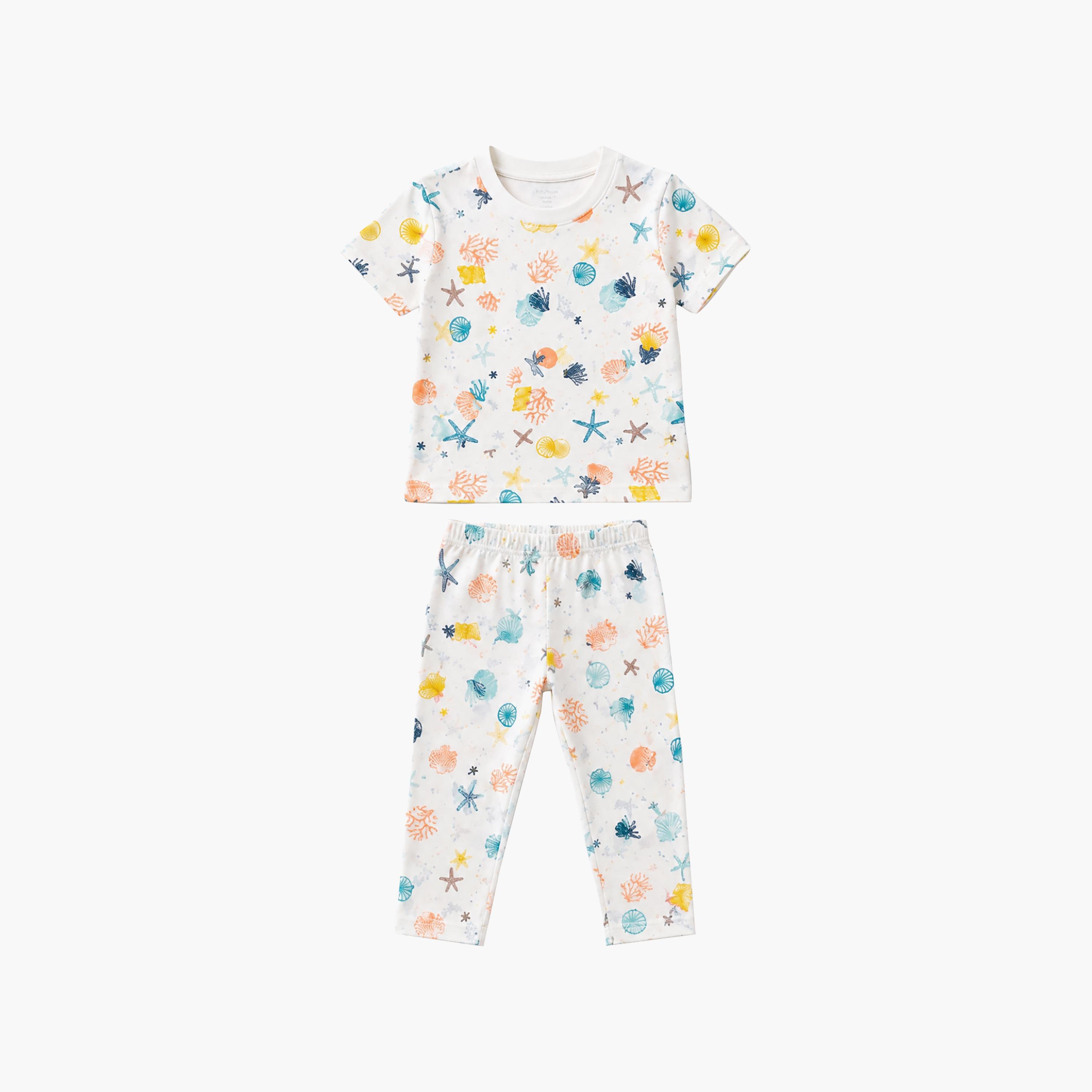 طقم تيشرت بأكمام قصيرة وبنطال بيجامة بطبعة قواقع البحر ونجم البحر من بيبي كلو-baby-girls-clothing-setsandcoords-image-6