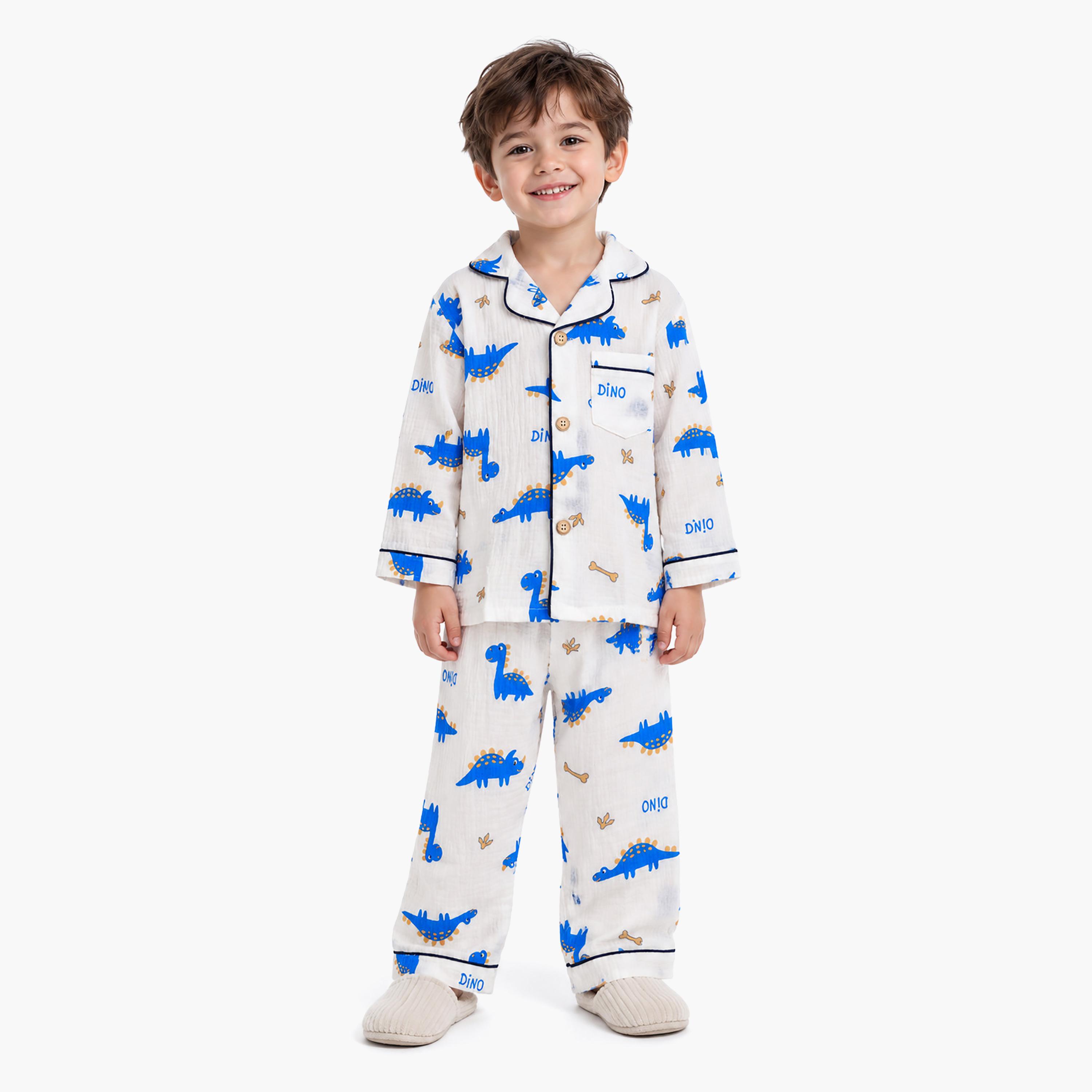 طقم ملابس نوم بأكمام طويلة قماش موسلين بطبعة جرافيك من بيبي كلو-boys-clothing-setsandcoords-image-1